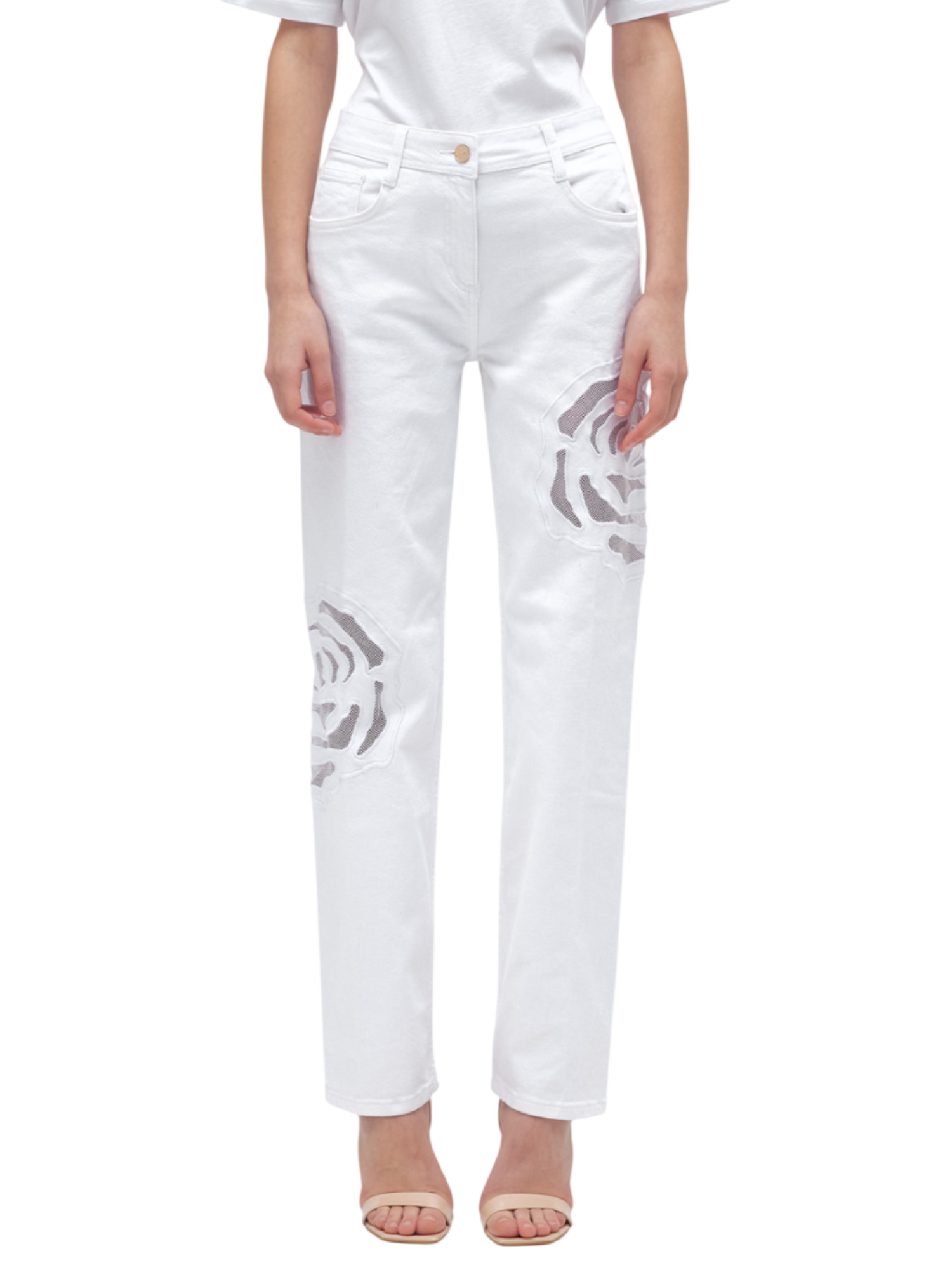 Blugirl jeans gamba dritta con fiori a intarsio bianco