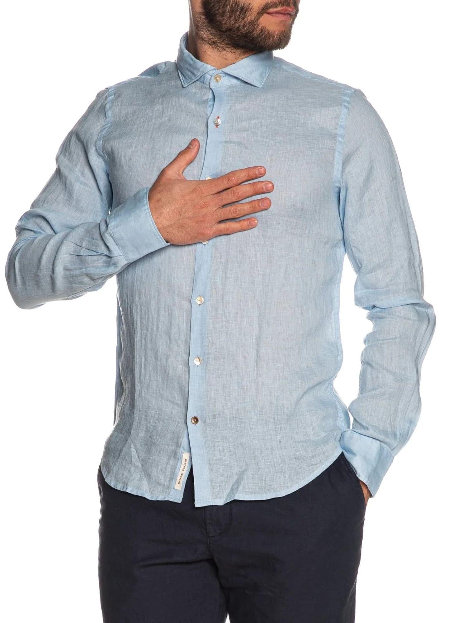 Yes Zee camicia maniche lunghe in lino con collo francese celeste C505-UP00 0700 YES-ZEE 