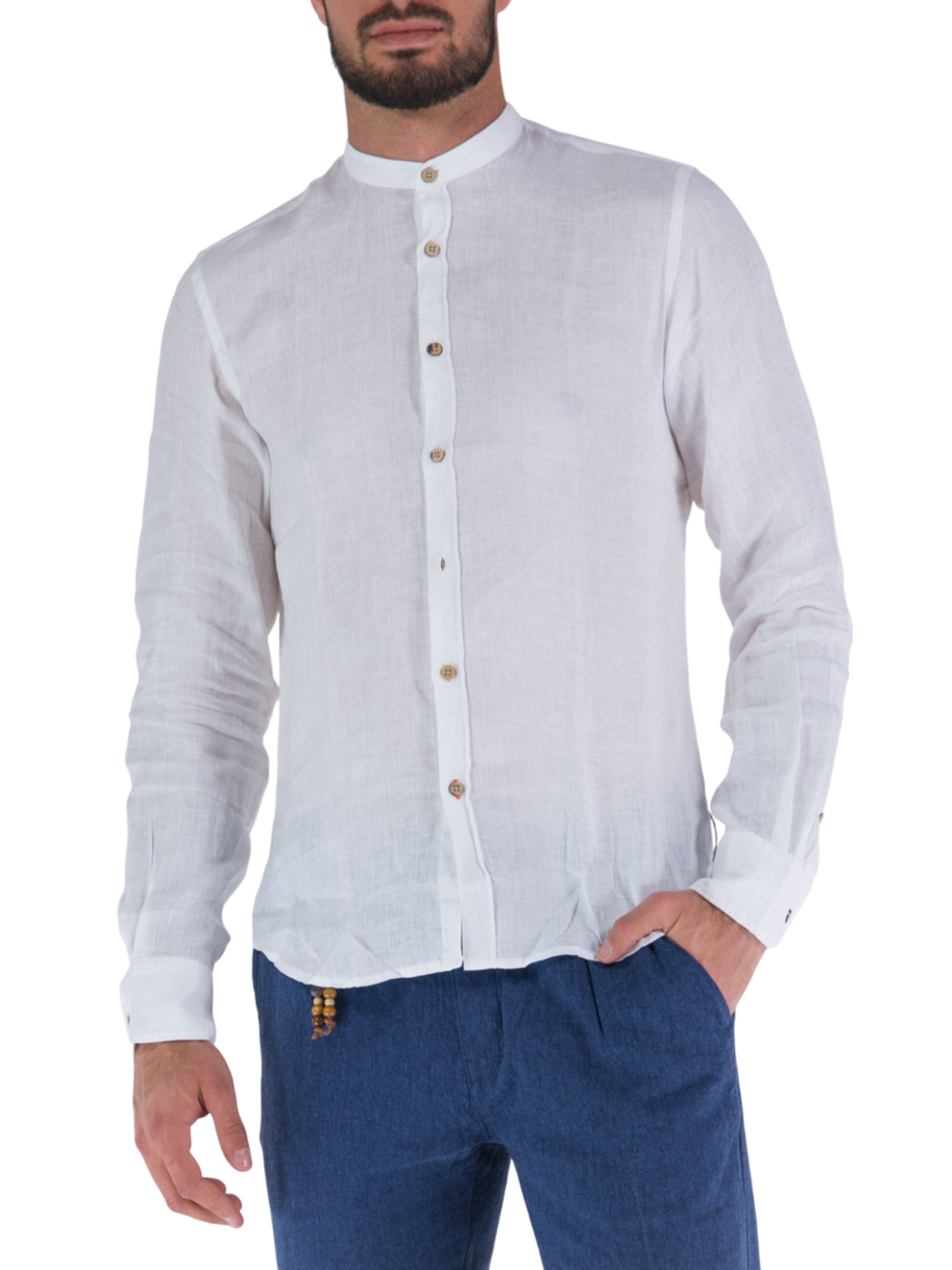 Yes Zee camicia alla coreana in lino manica lunga bianco C512-UP00 0101 YES-ZEE 