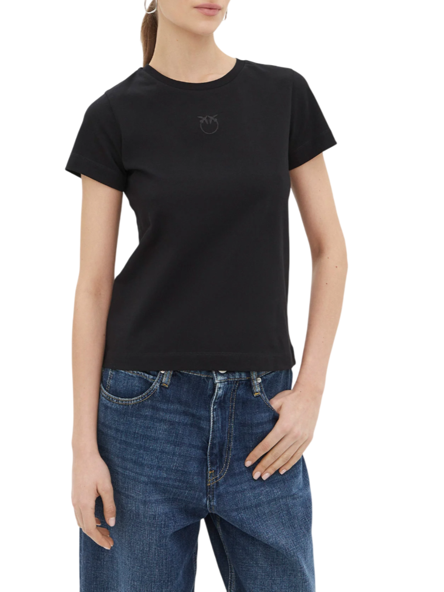 Pinko T-shirt manica corta Bussolotto con logo ricamato nero