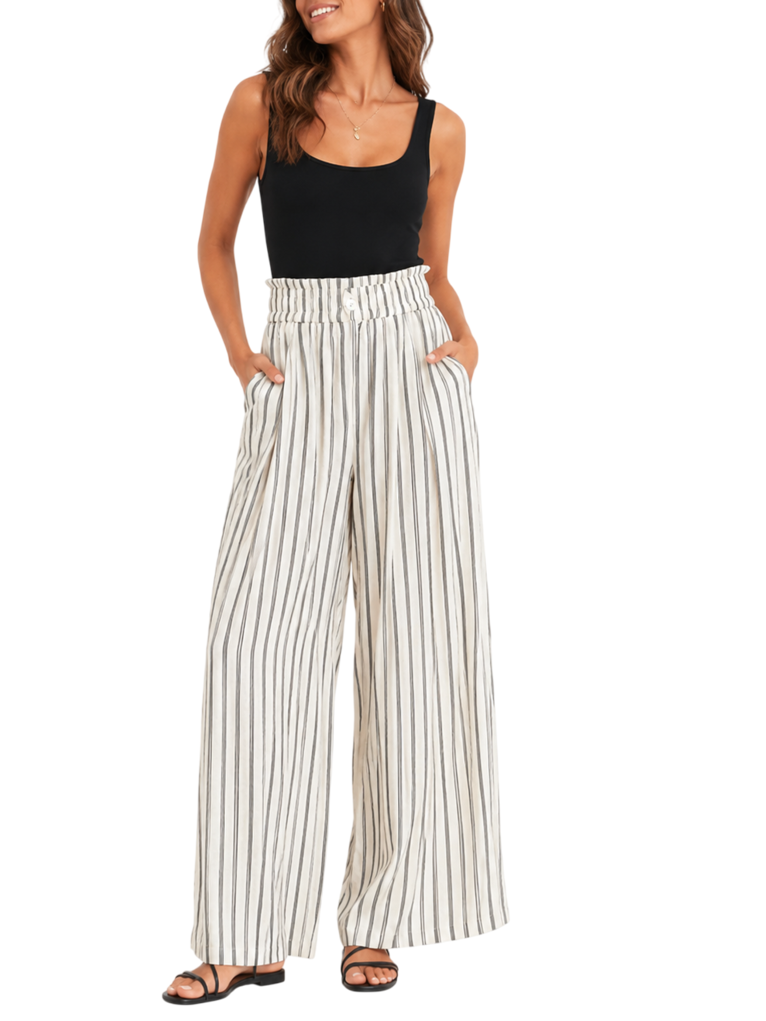 Vicolo pantaloni gessati donna gamba larga panna marrone TAB2118 BURRO-MORO VICOLO 