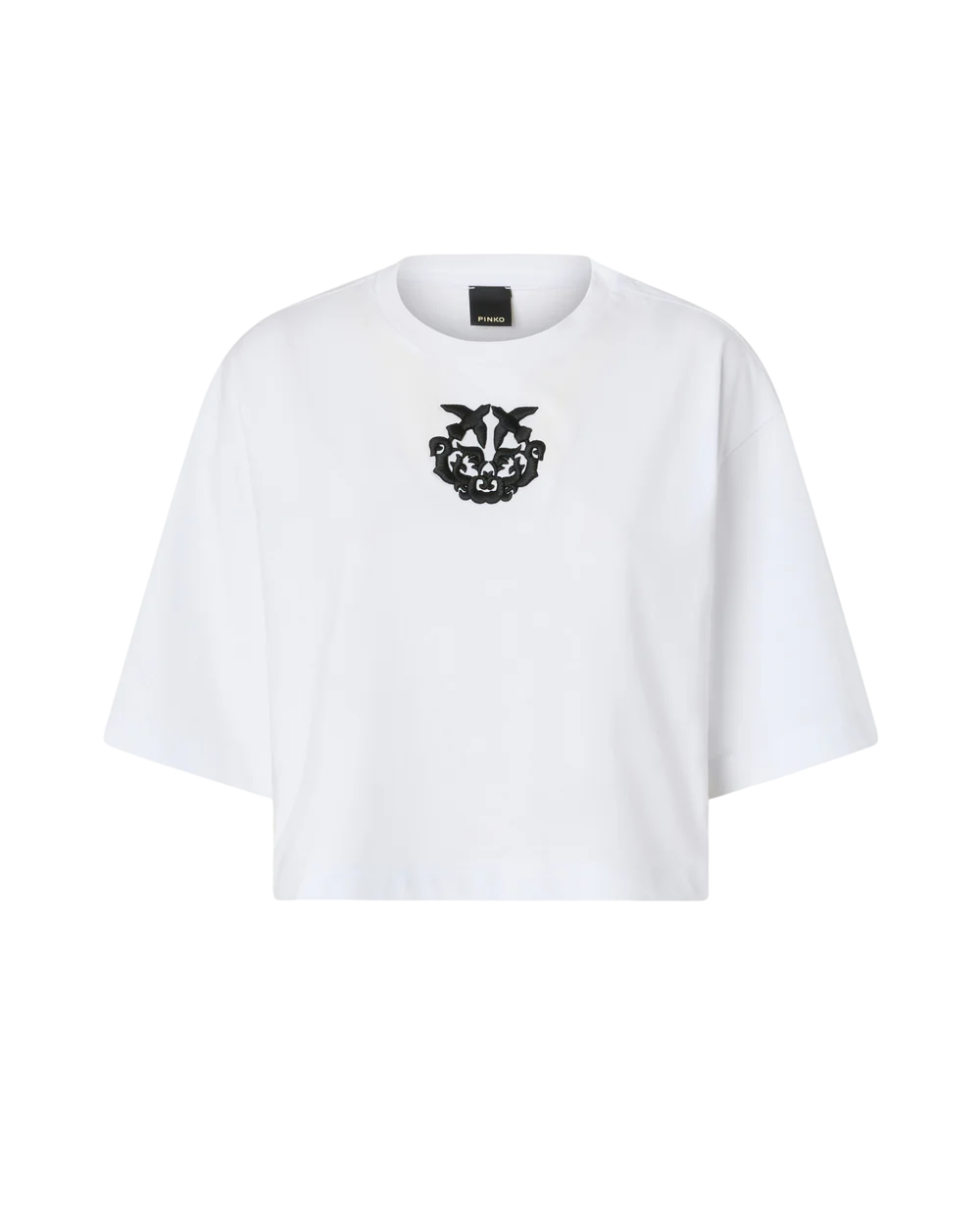Pinko T-shirt crop Borghetto  con logo ricamato bianco nero 106814-A3AM ZZ1 PINKO 