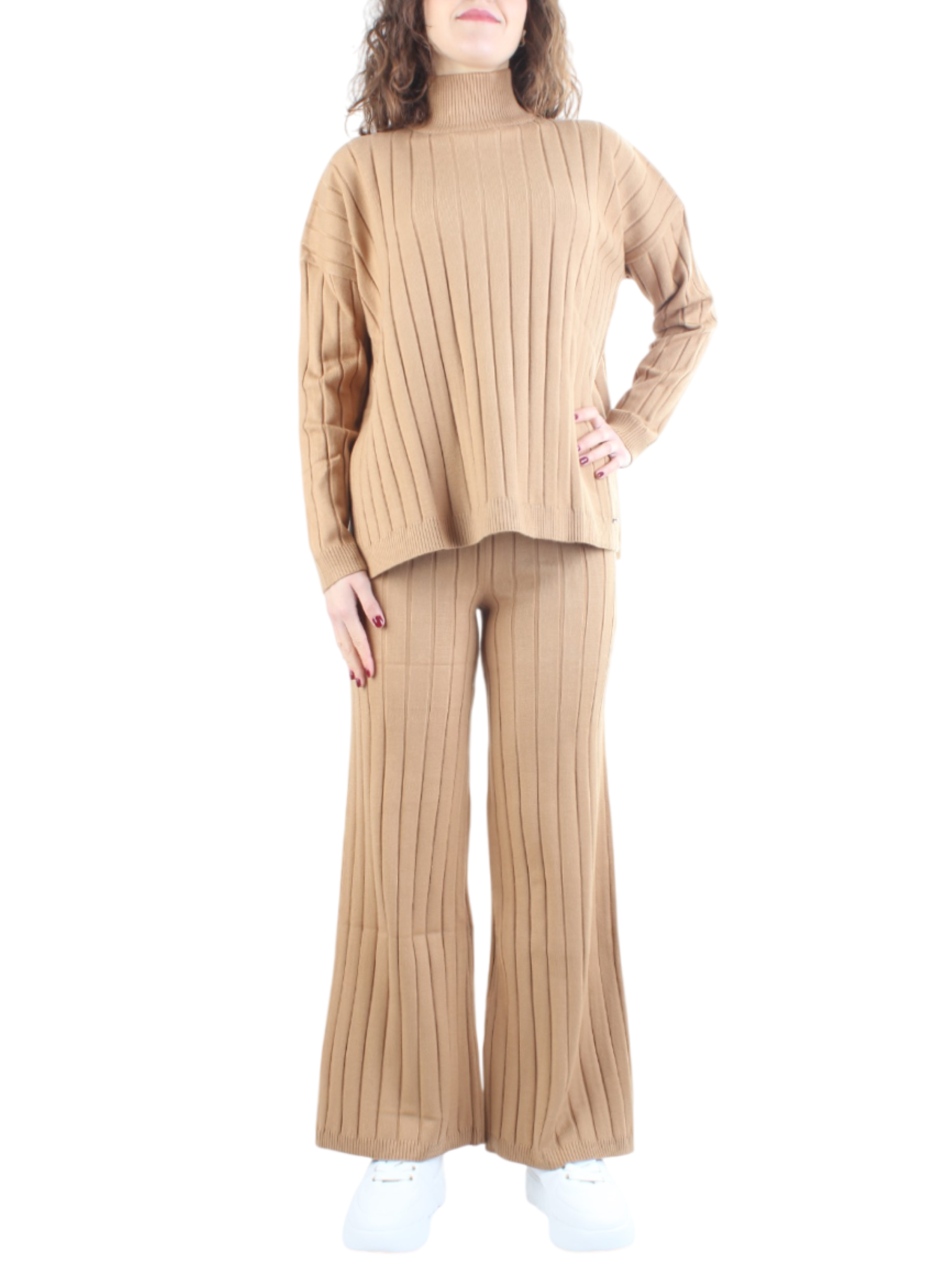 White Wise completo in maglia collo alto a coste cammello WW19057-C CAMMELLO WHITE WISE 