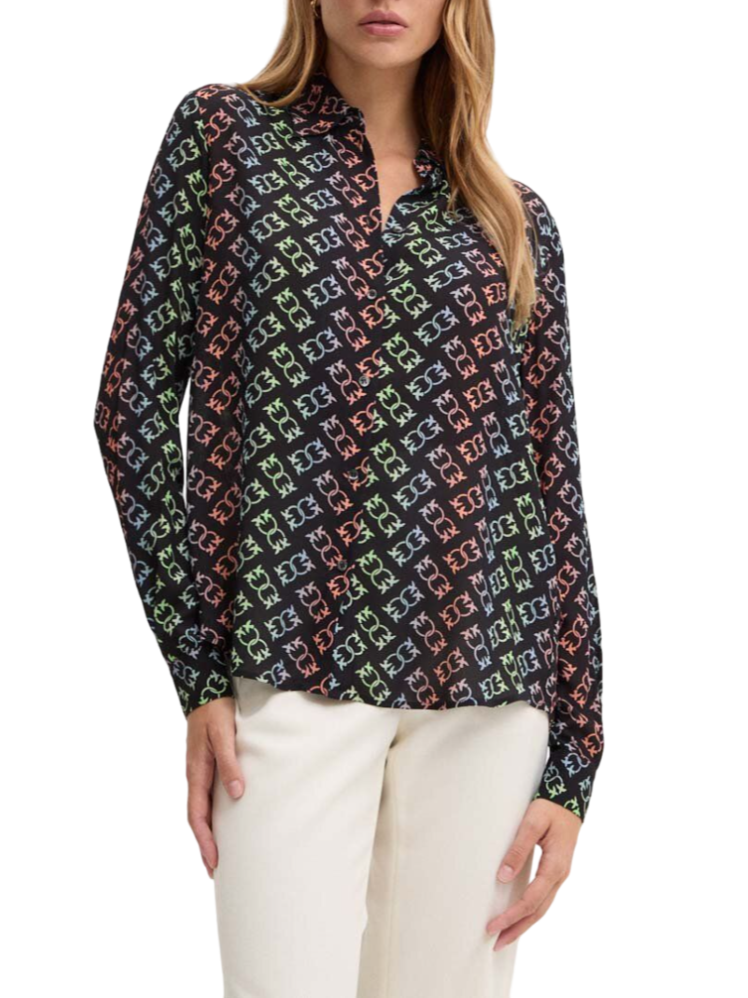 Pinko camicia new Nora manica lunga fantasia logo Love Birds nero 104011-A23B Z97 PINKO 