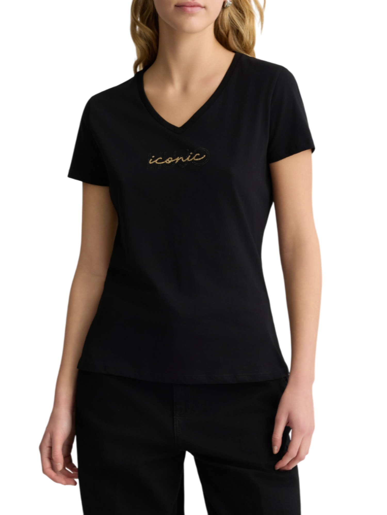 Liu Jo T-shirt maniche corte con scollo a V logo strass nero TA5179J6040 M9304 LIU JO 