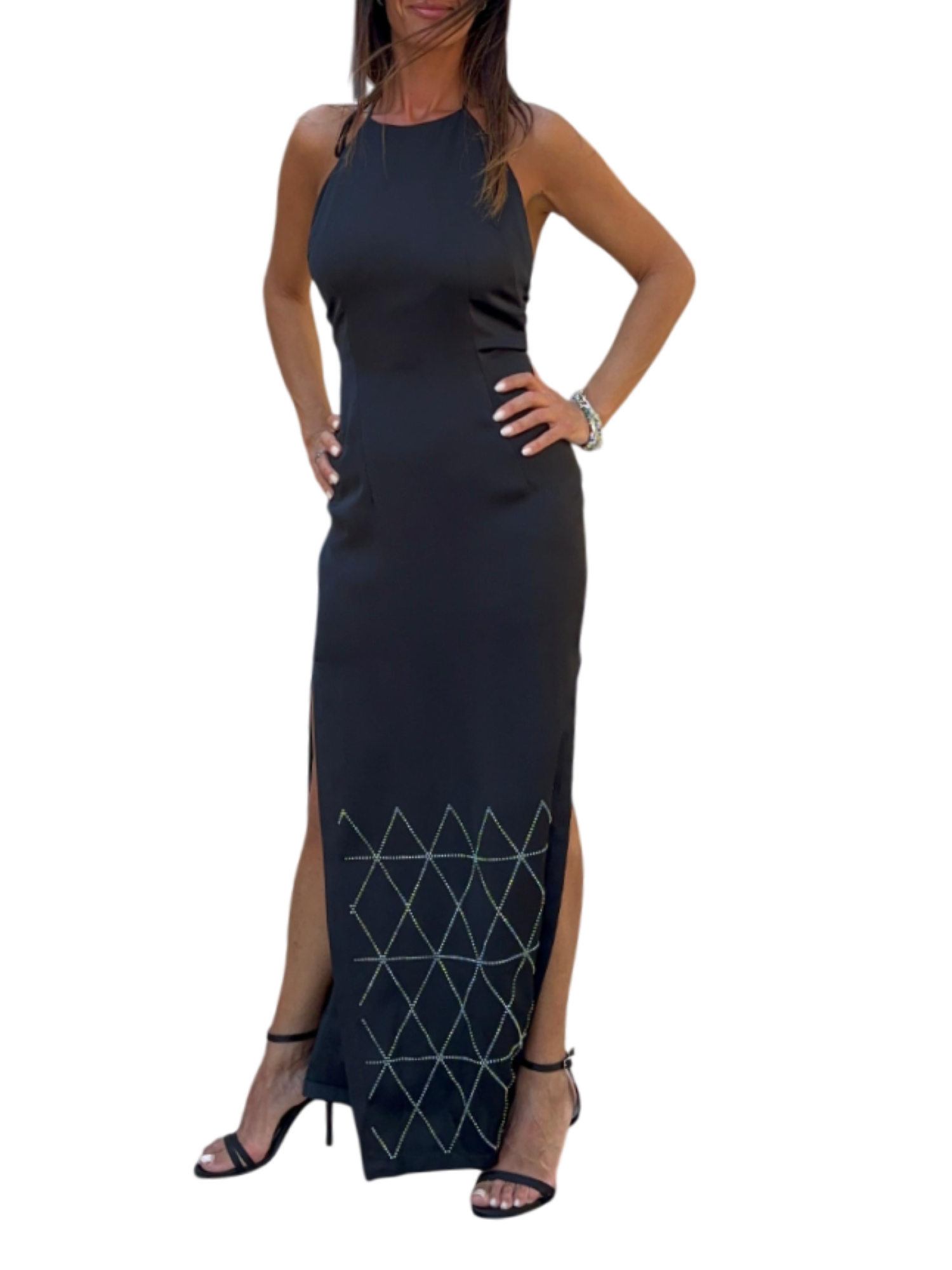 Simona Corsellini abito lungo satin con strass nero P25CEAB06301 0003 SIMONA CORSELLINI 