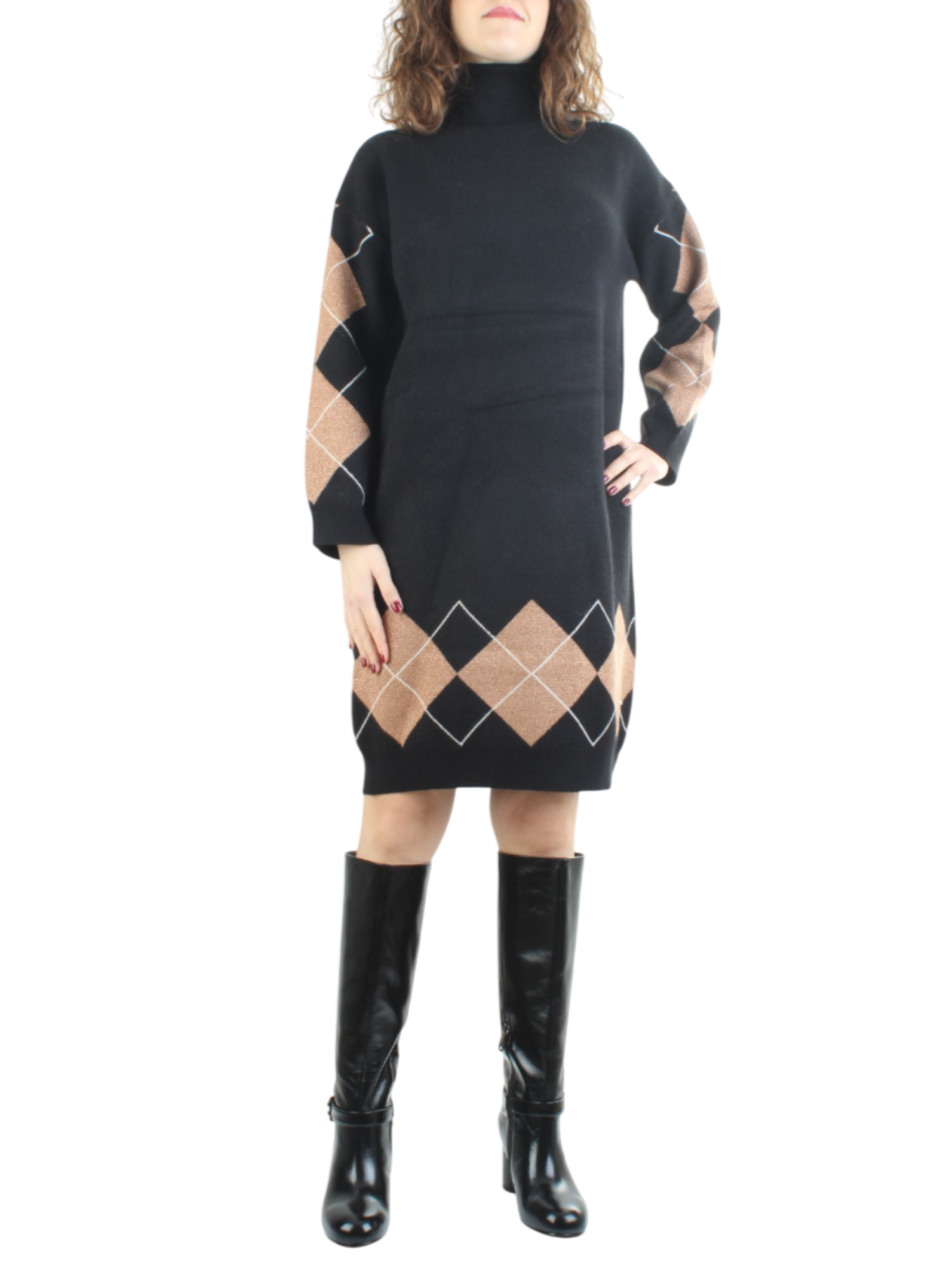White Wise abito dolcevita in maglia con rombi nero WW19178 NERO-CAMMELLO-NATURALE WHITE WISE 