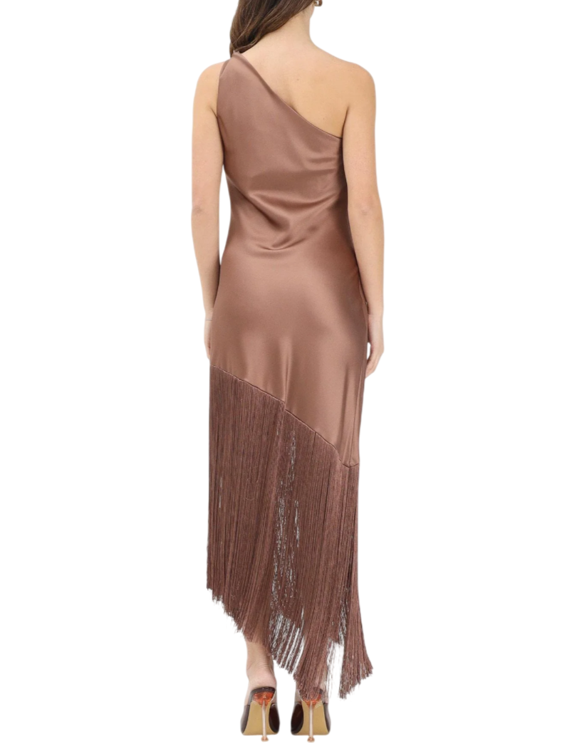Pinko abito satin monospalla Kiwi con frange marrone 106352-A33D L50 PINKO 