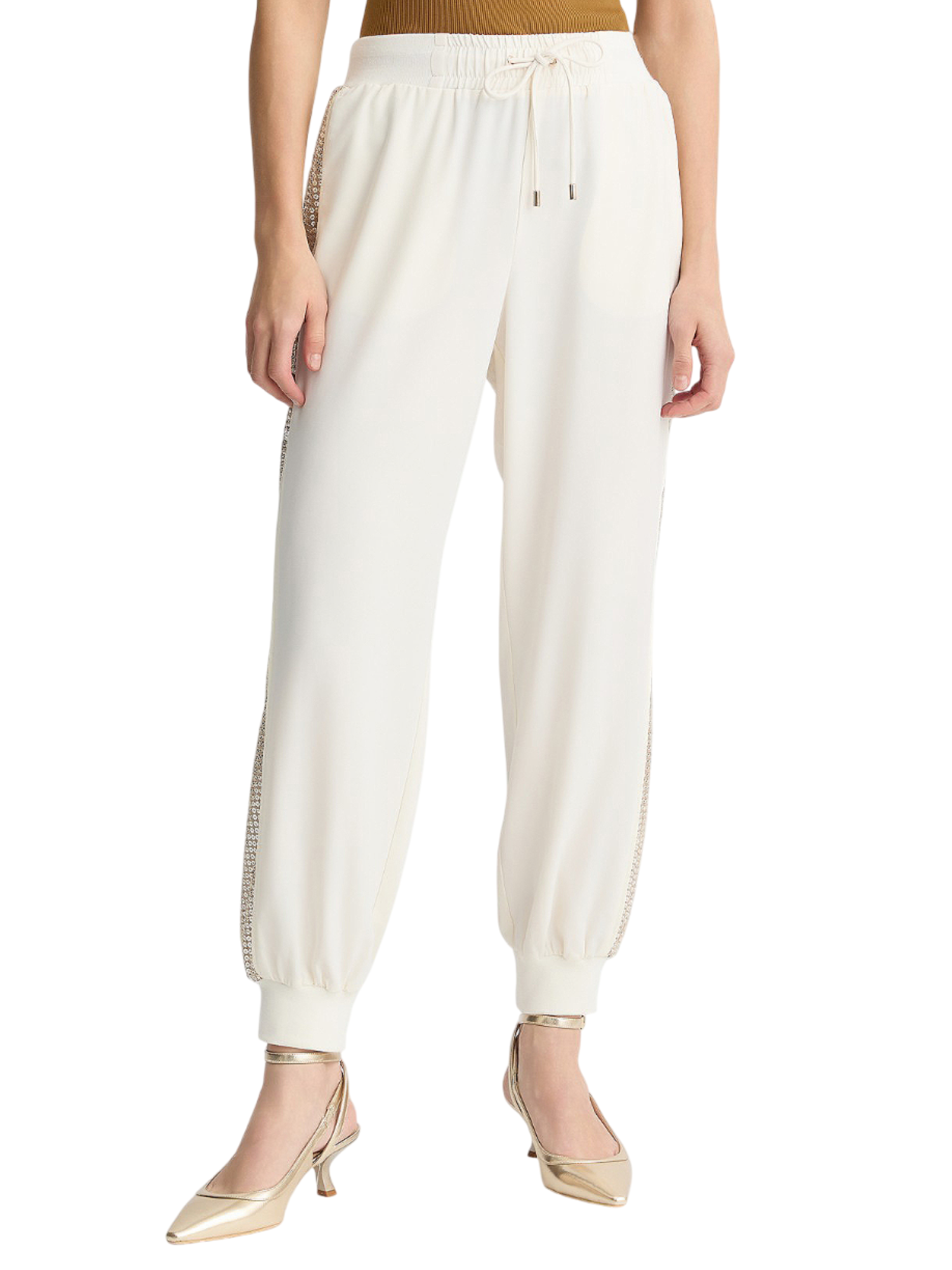 Liu Jo pantaloni joggers con banda laterale paillettes bianco latte