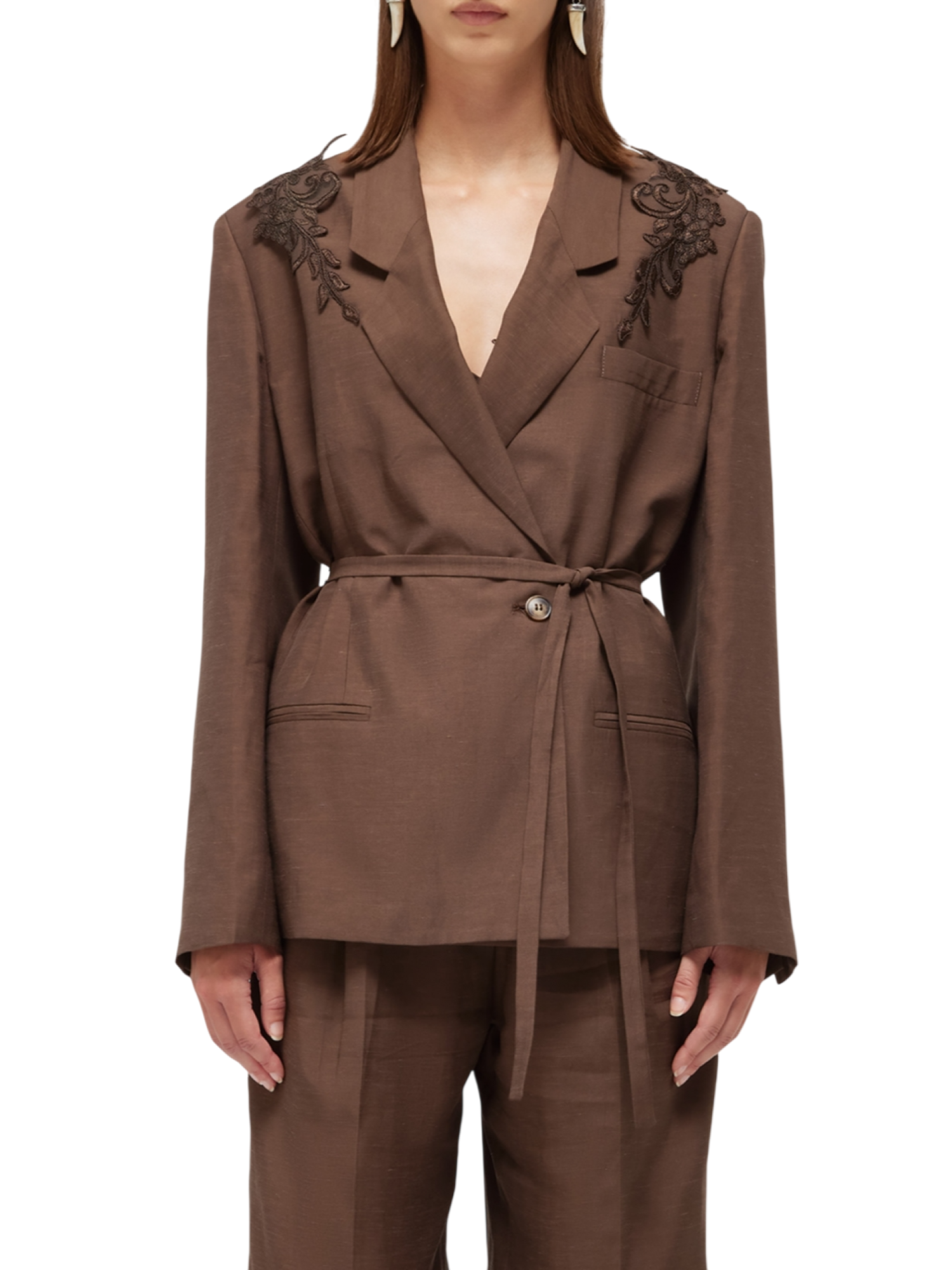 Blugirl giacca blazer doppiopetto misto lino con ricami marrone RA6091T8823 P9414 BLUGIRL 