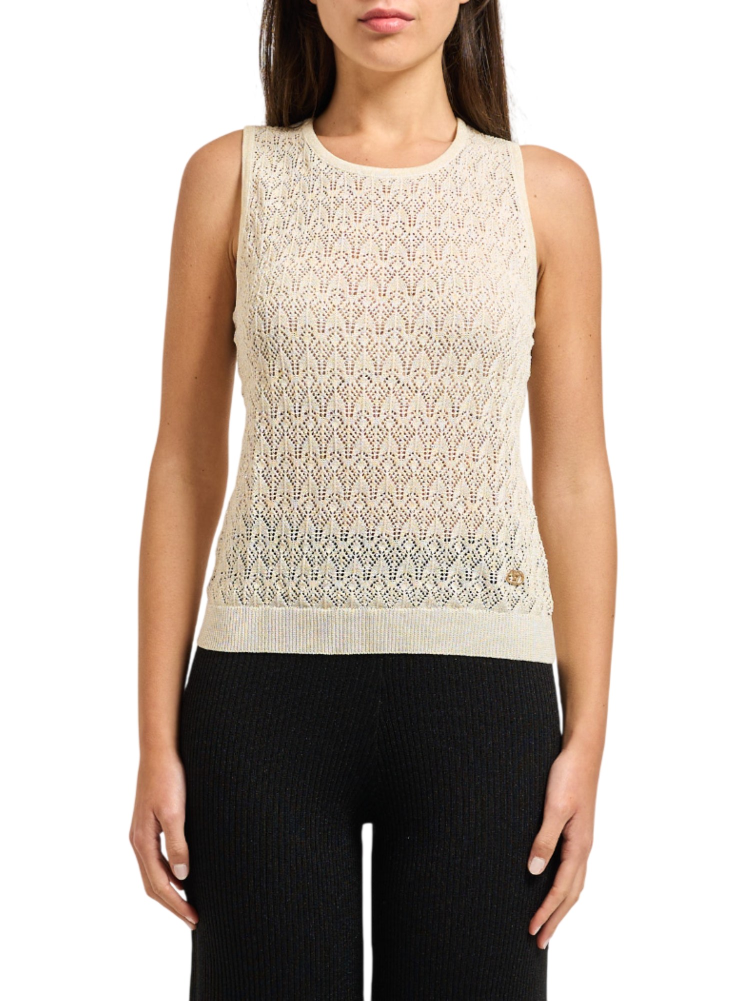 Yes Zee maglia smanicata traforata donna beige chiaro M237-IV00 0250 YES-ZEE 