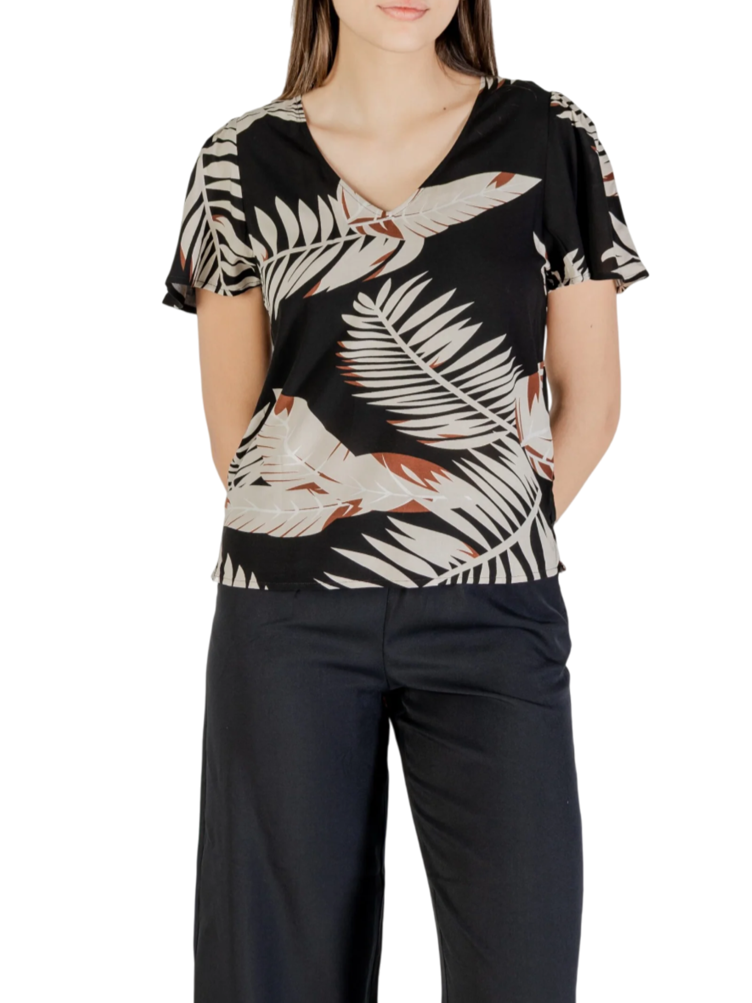 Vero Moda blusa scollo a V in fantasia nero beige 10307987 BLACK-FIONI VERO MODA 