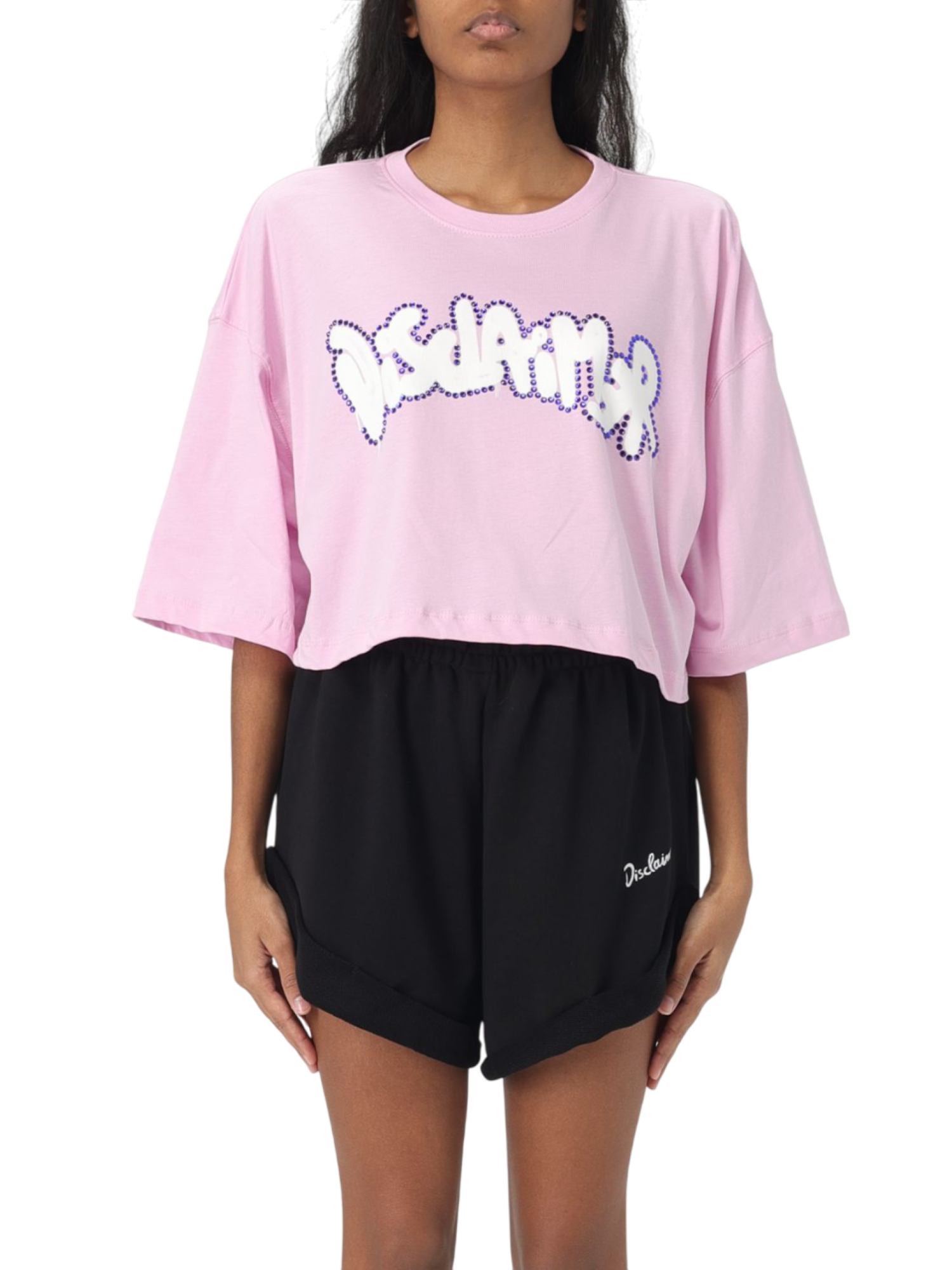 Disclaimer T-shirt crop maniche corte con logo gioiello rosa 54933 ROSA DISCLAIMER 