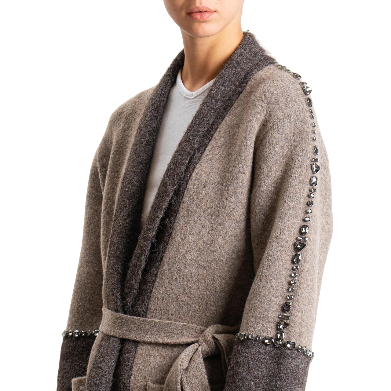 Vicolo cappotto in maglia colorblock con dettagli gioiello marrone tortora 55002F MARRONE VICOLO 