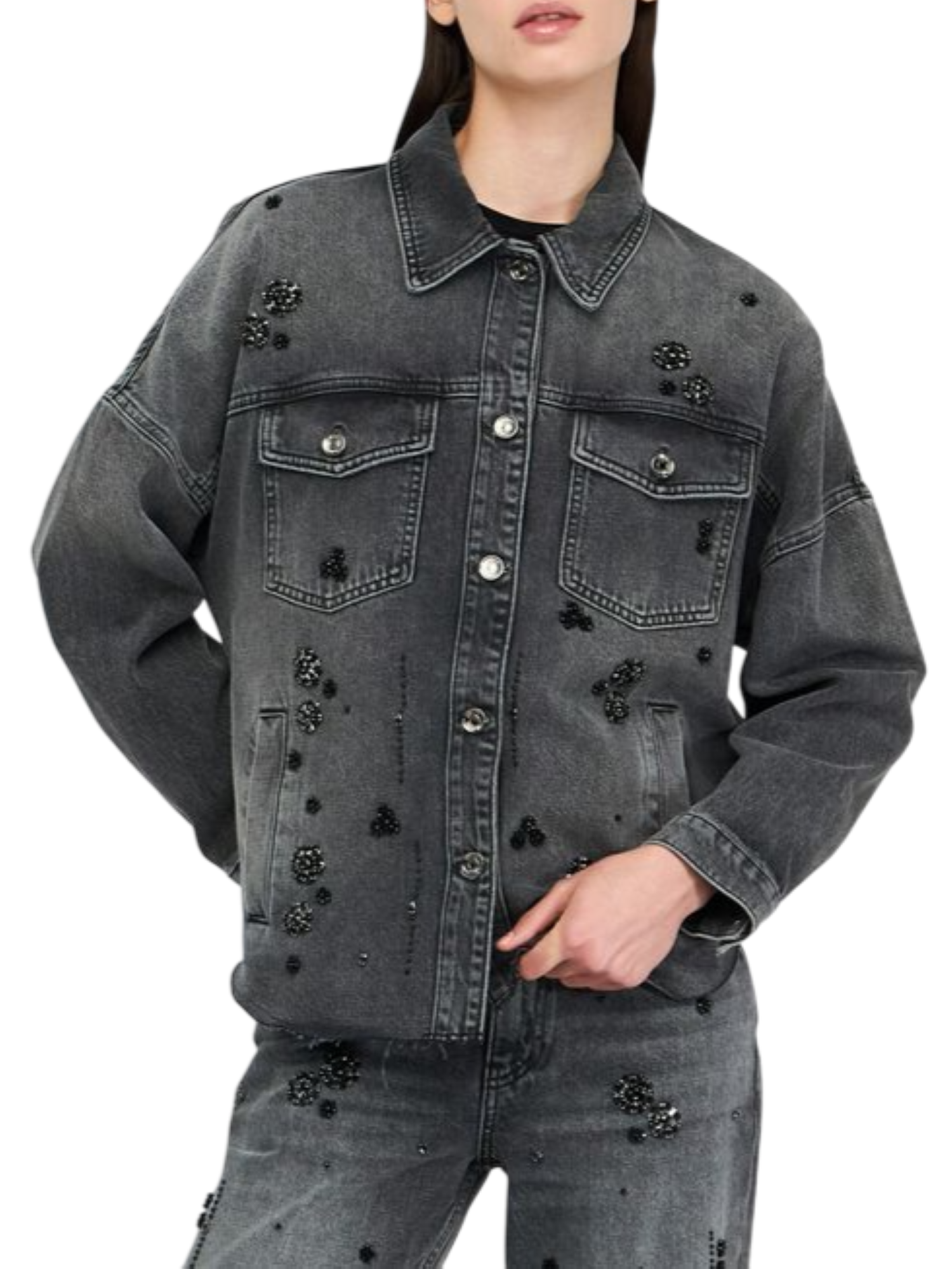 Liu Jo giubbino in denim con applicazioni gioiello lavaggio nero UF5111D4854 87455 LIU JO 