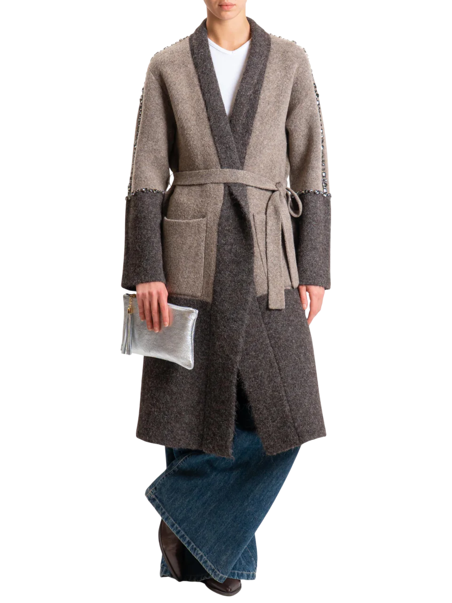 Vicolo cappotto in maglia colorblock con dettagli gioiello marrone tortora 55002F MARRONE VICOLO 