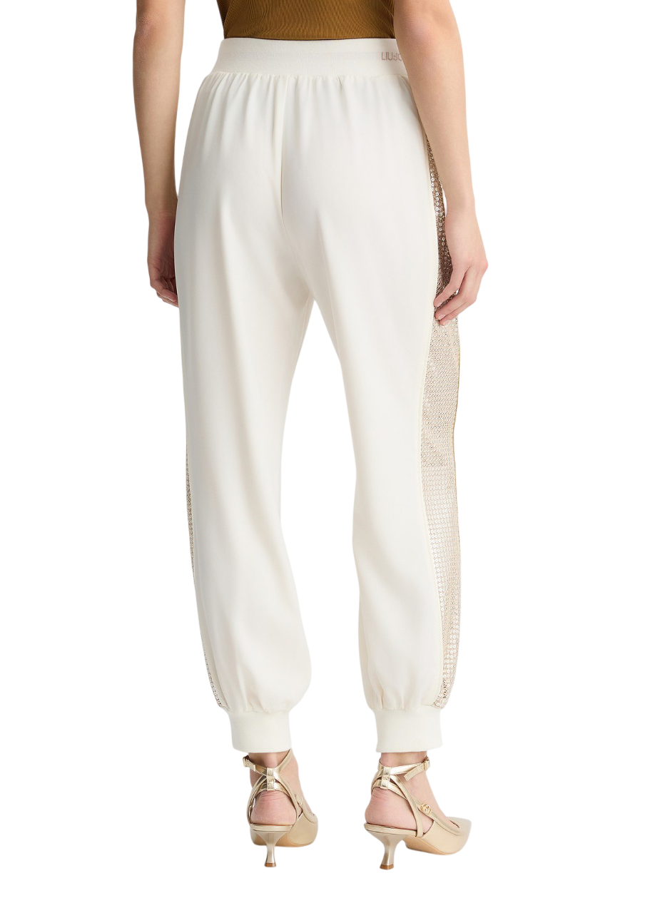 Liu Jo pantaloni joggers con banda laterale paillettes bianco latte