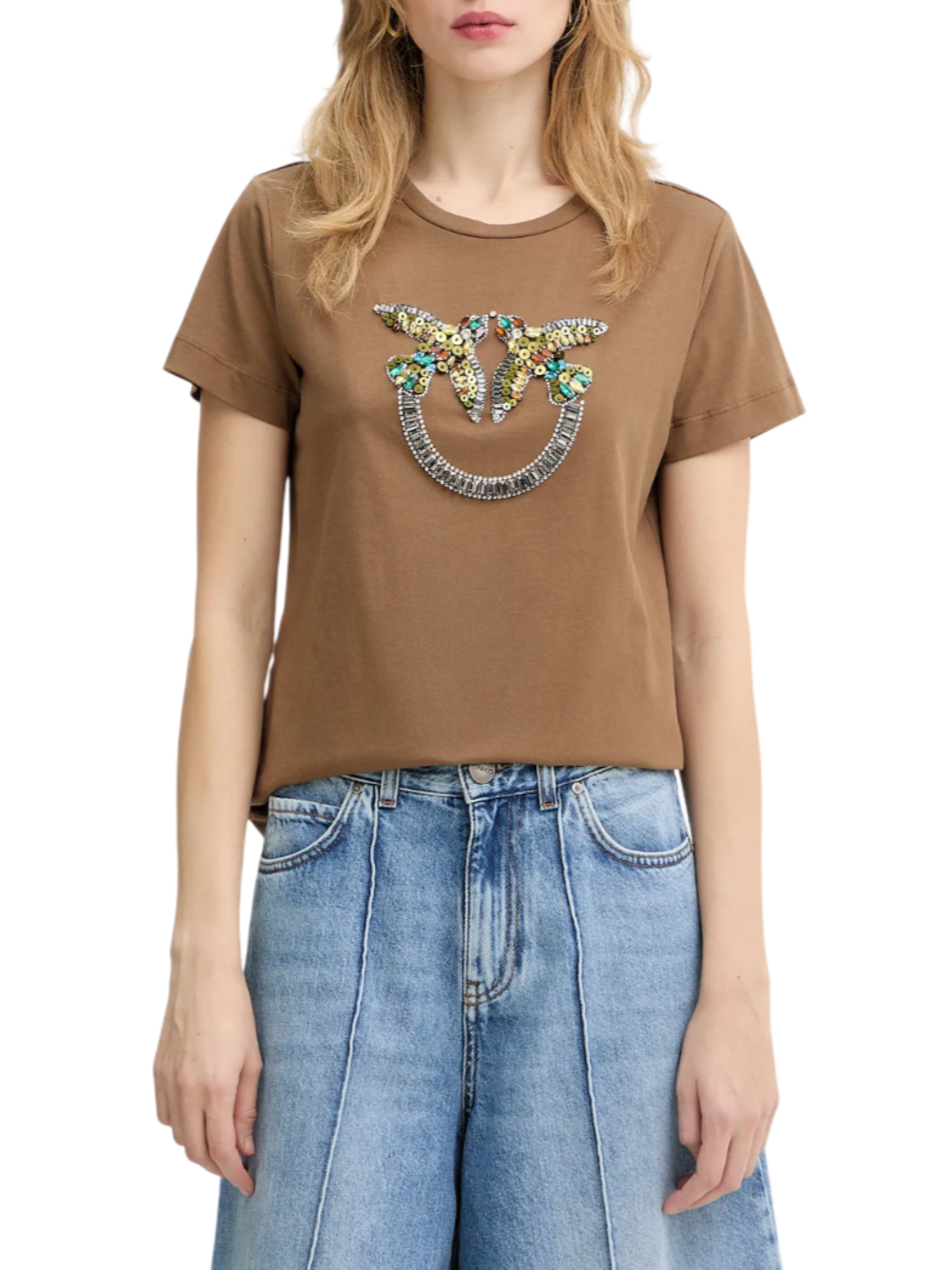 Pinko T-shirt Quentin con logo Love Birds gioiello marrone 100535-A33F L78 PINKO 