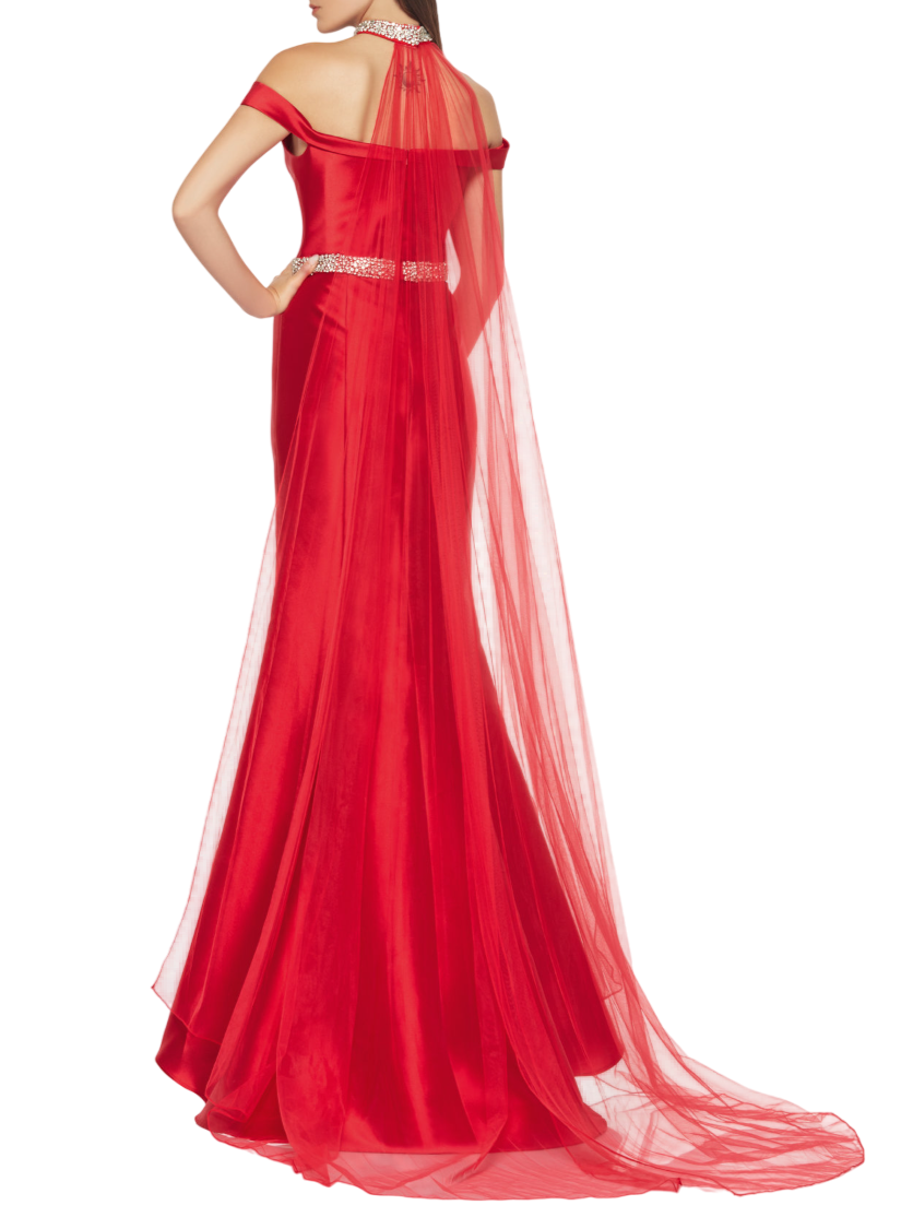 Impero Couture abito da cerimonia in mikado con dettagli gioiello rosso GN20031-3 ROSSO IMPERO Couture 