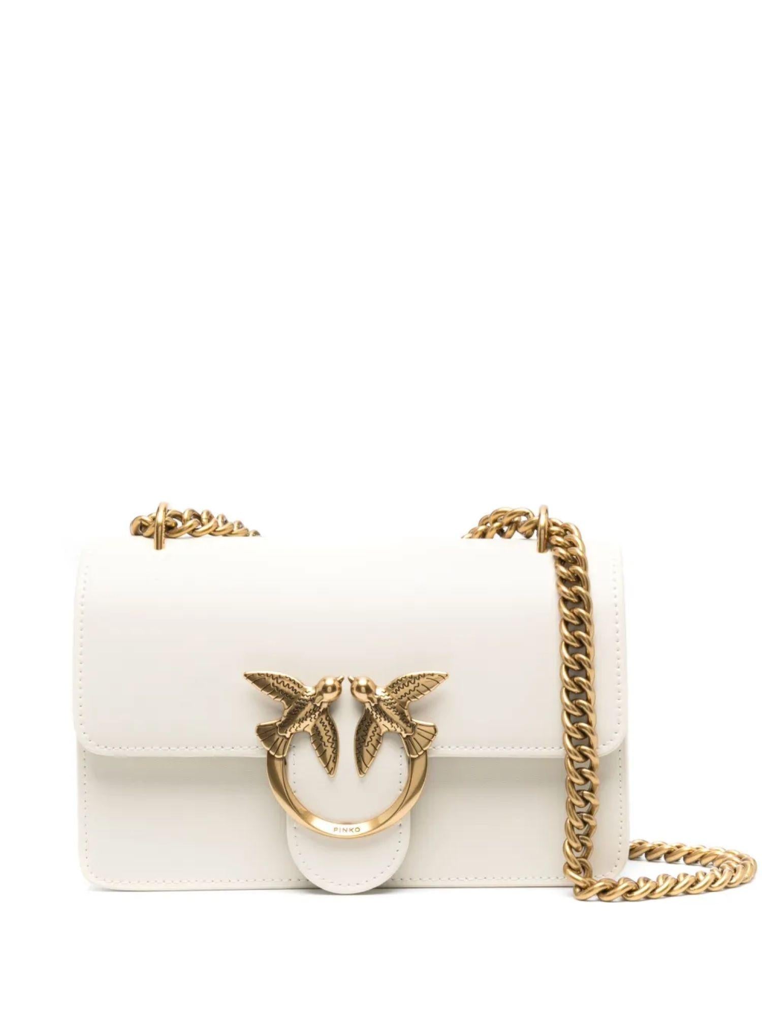 Pinko borsa Love One Mini in pelle con logo Love Birds bianco oro