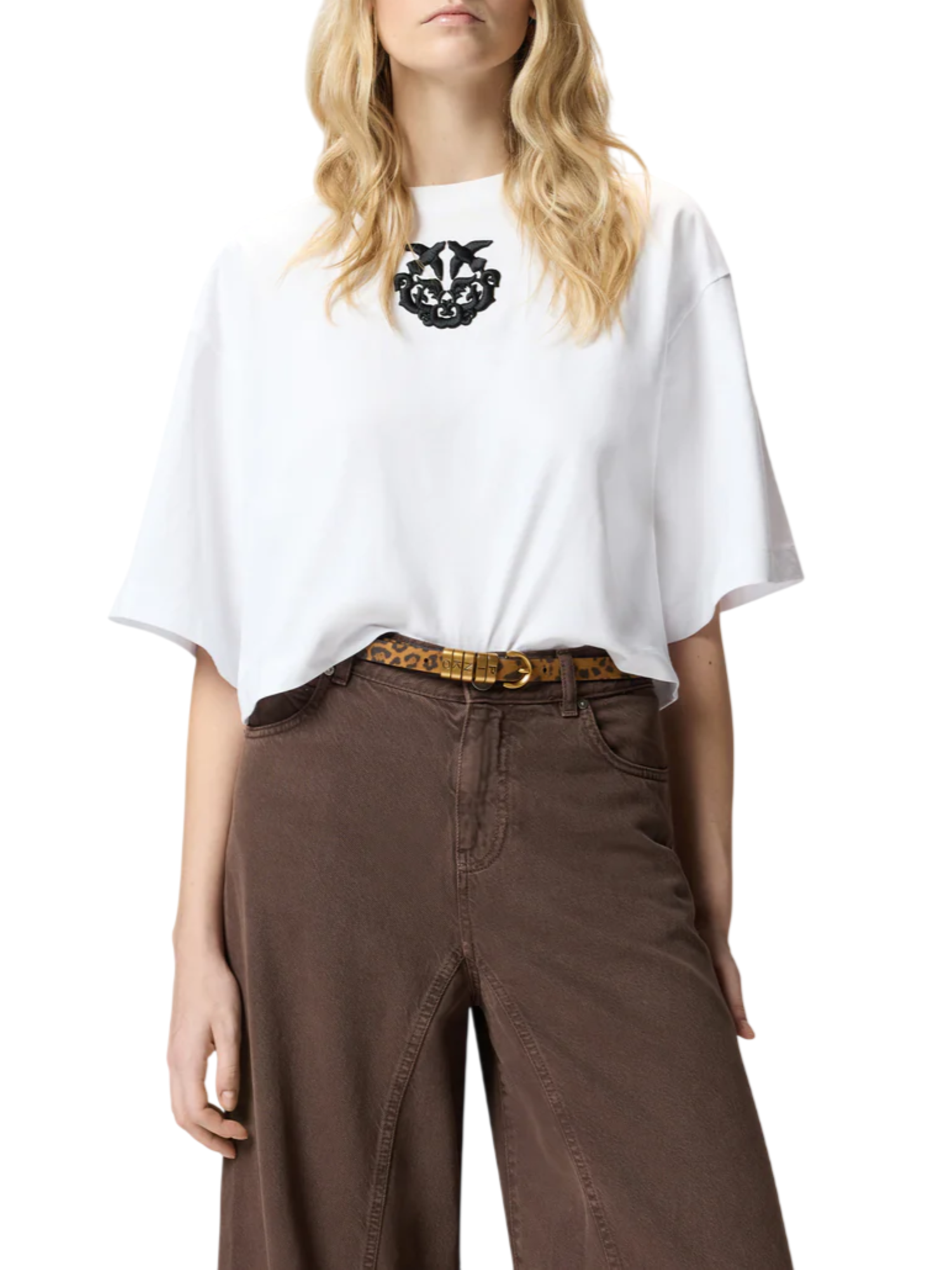 Pinko T-shirt crop Borghetto  con logo ricamato bianco nero 106814-A3AM ZZ1 PINKO 