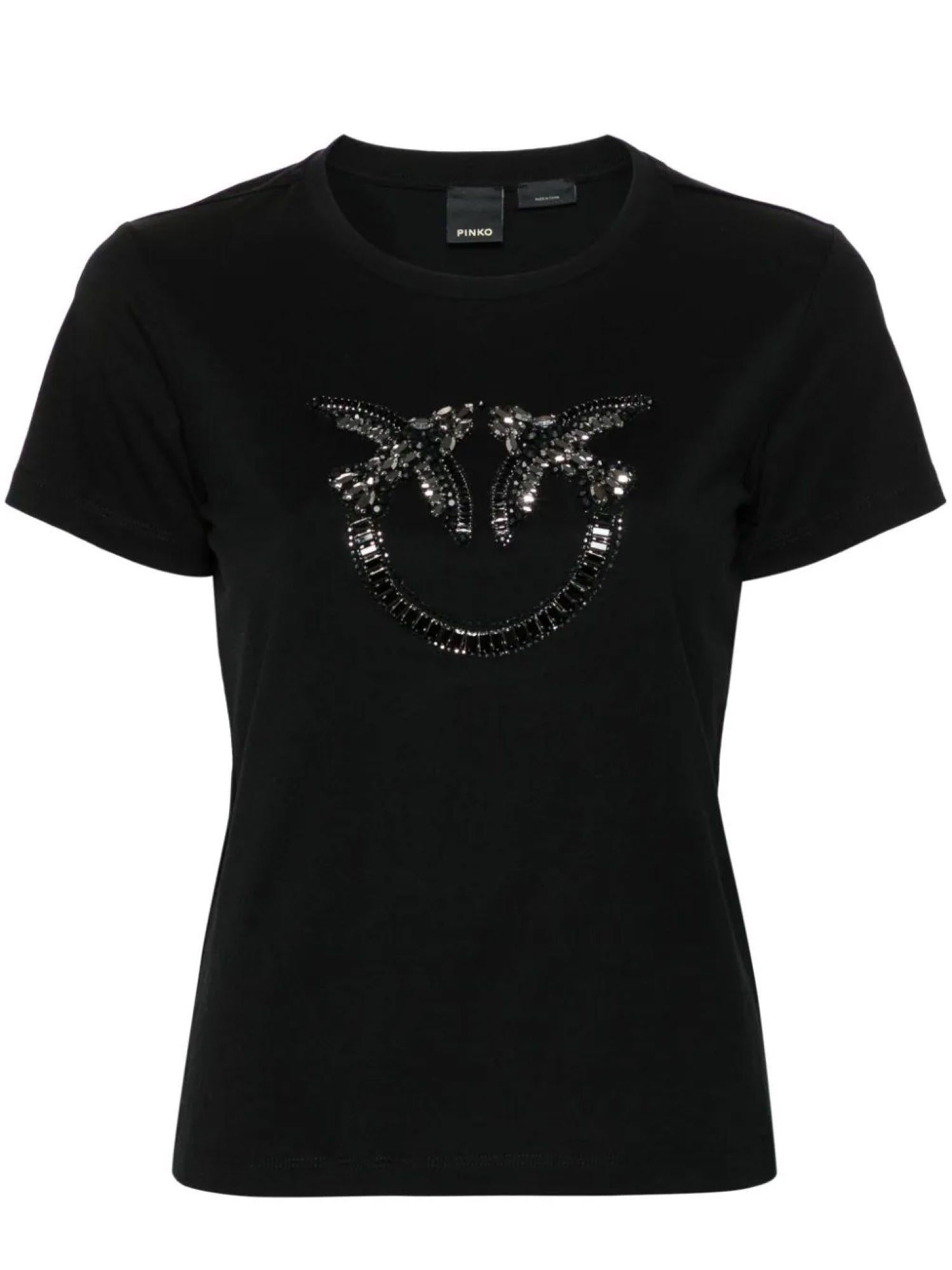 Pinko T-shirt manica corta Quentin con logo Love Birds gioiello nero