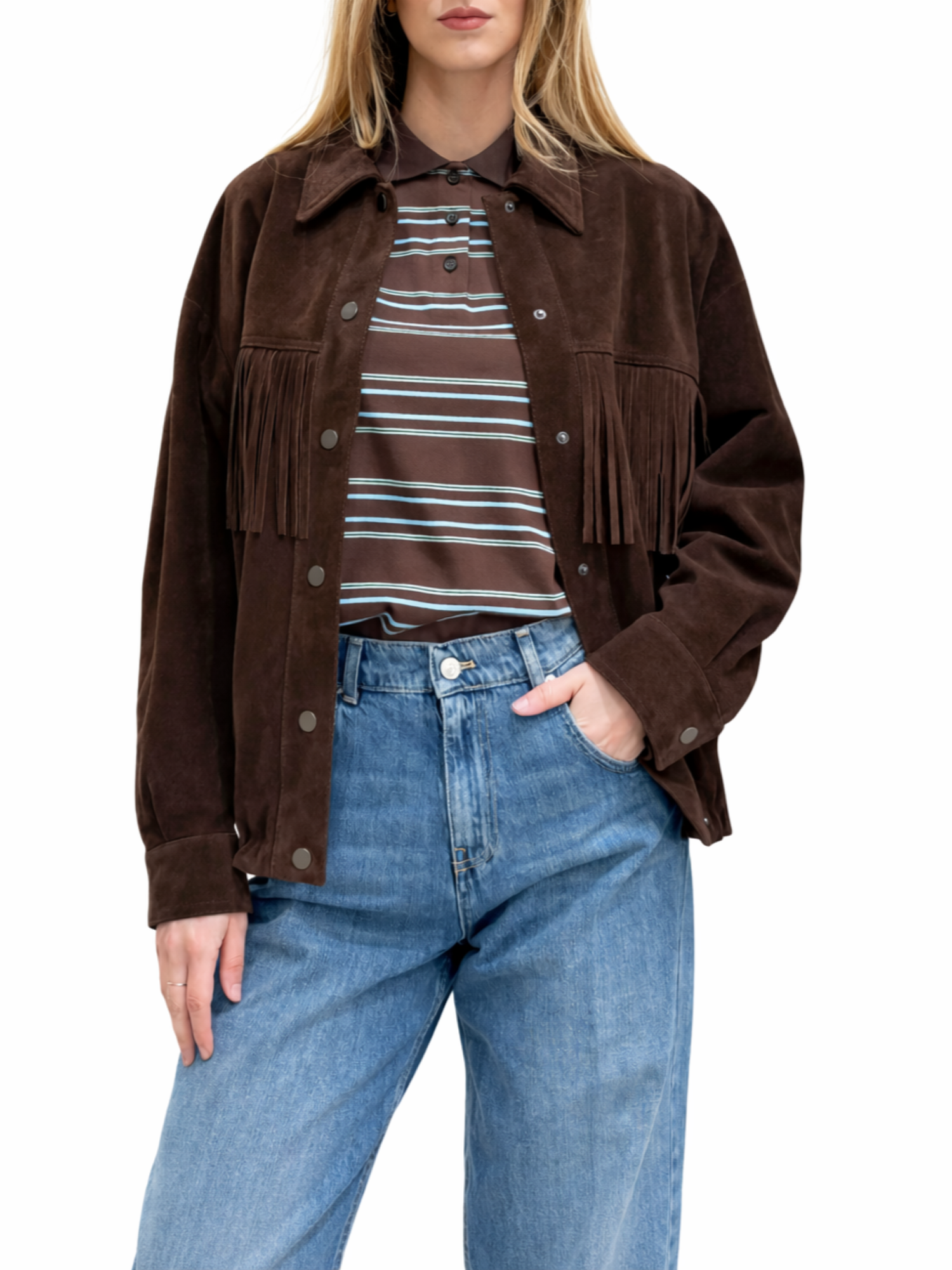 Vicolo giubbino in pelle scamosciata con frange marrone TAB0170 MARRONE VICOLO 