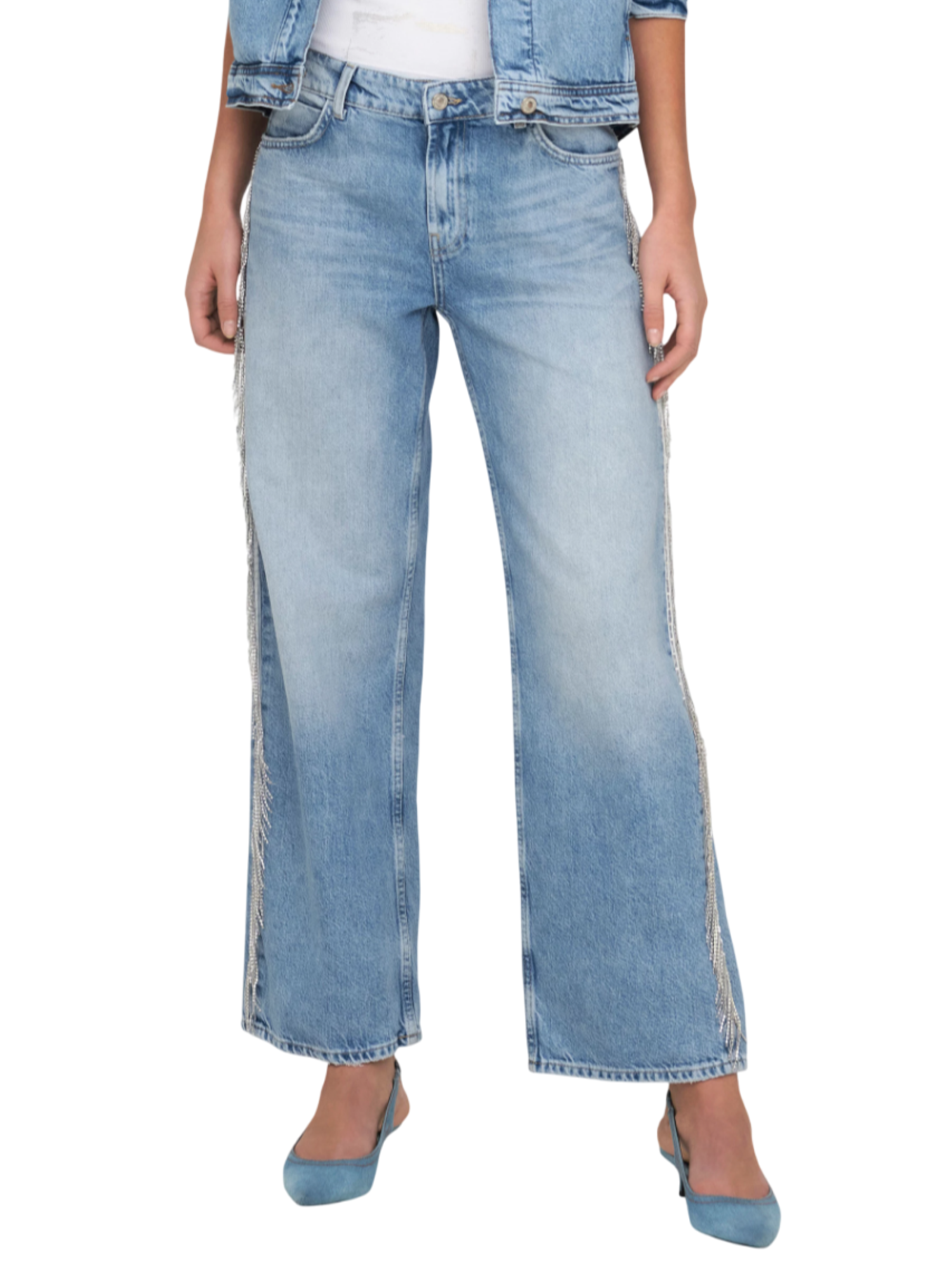 Only jeans gamba larga Sunset con applicazioni strass lavaggio blu 15342633 LIGHT BLUE DENIM ONLY 