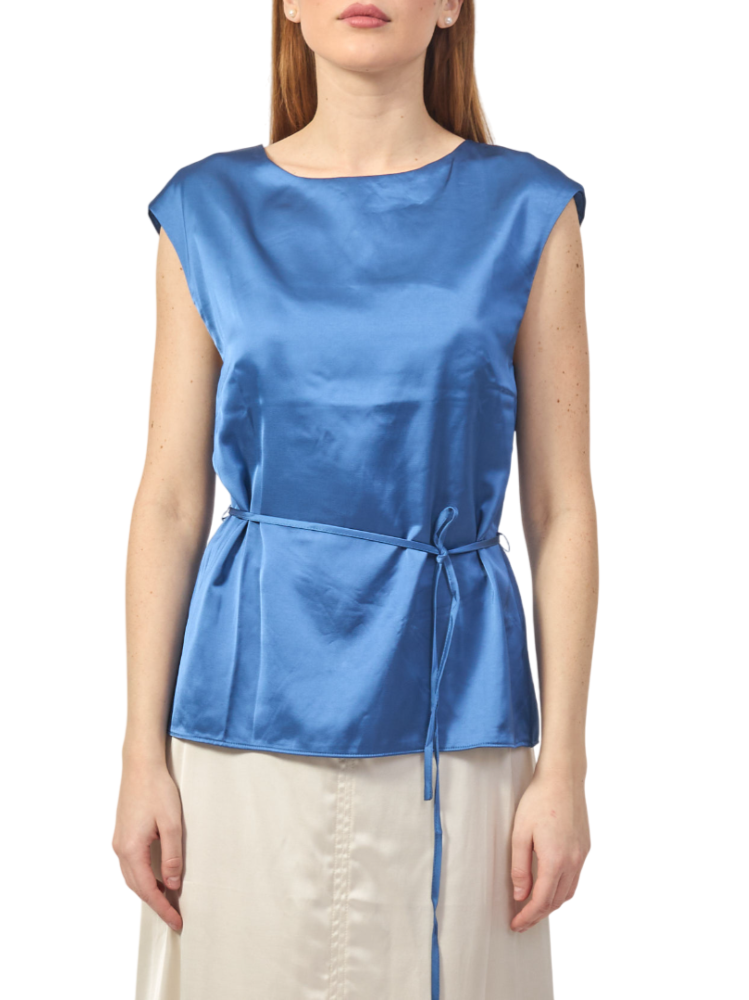 Yes Zee blusa in satin di viscosa con cintina blu