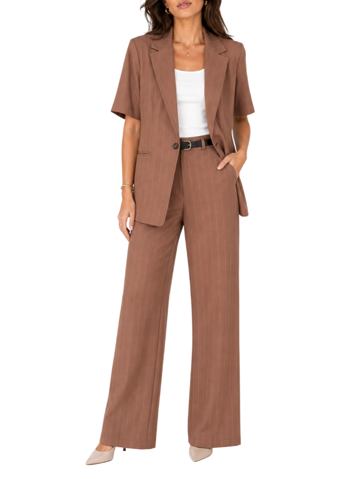 Haveone pantaloni palazzo donna in fantasia gessata marrone caramello PVIQ322 COTTO HAVEONE 