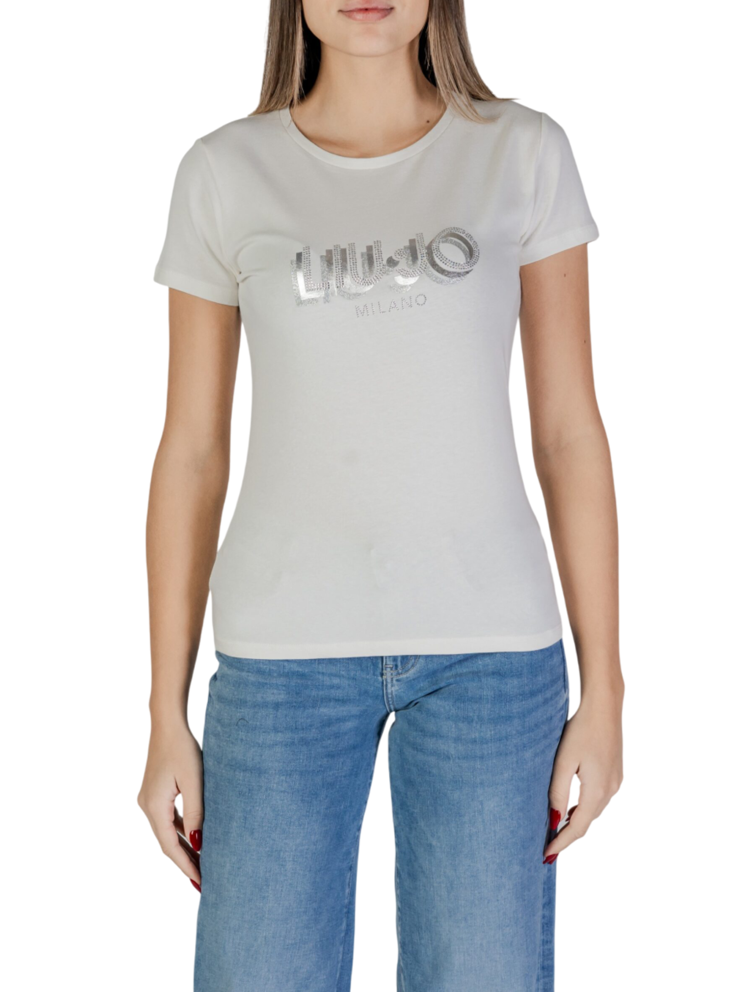 Liu Jo T-shirt manica corta slim con logo strass bianco latte