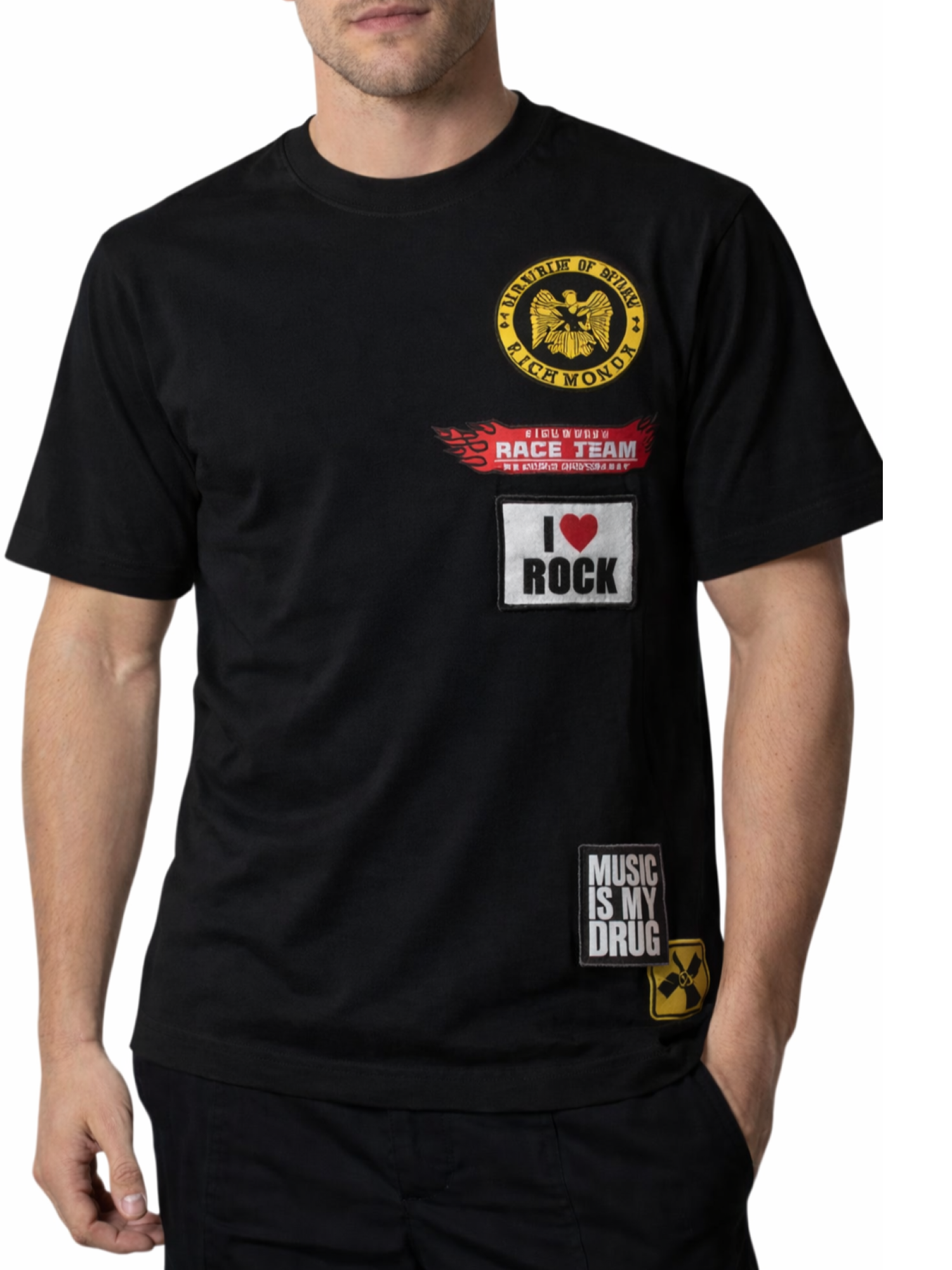 John Richmond T-shirt uomo manica corta con patch nero UMP26242TS BLACK John RICHMOND 