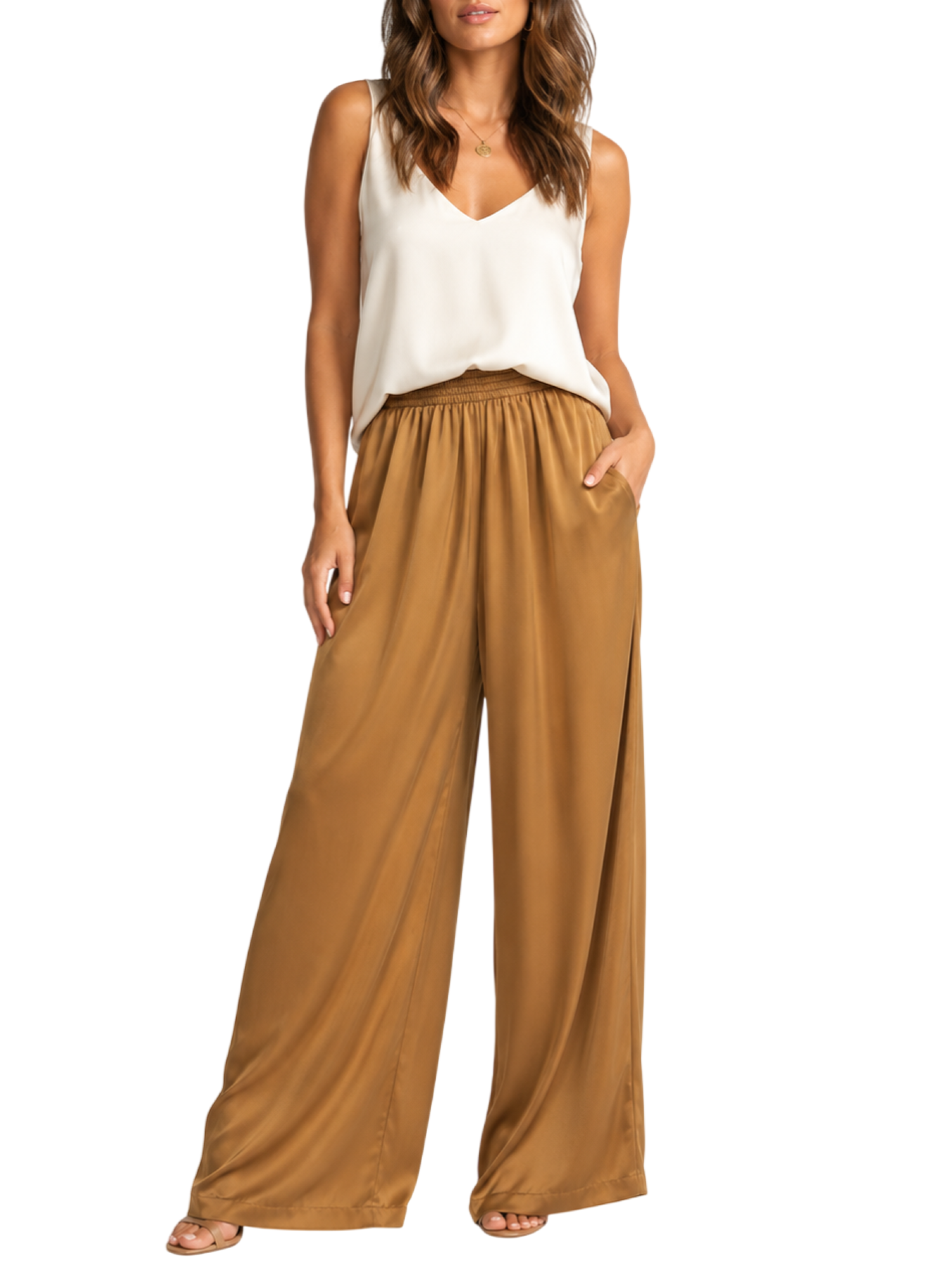 Vicolo pantaloni gamba larga satin donna marrone caramello TAB0082 BRONZO VICOLO 