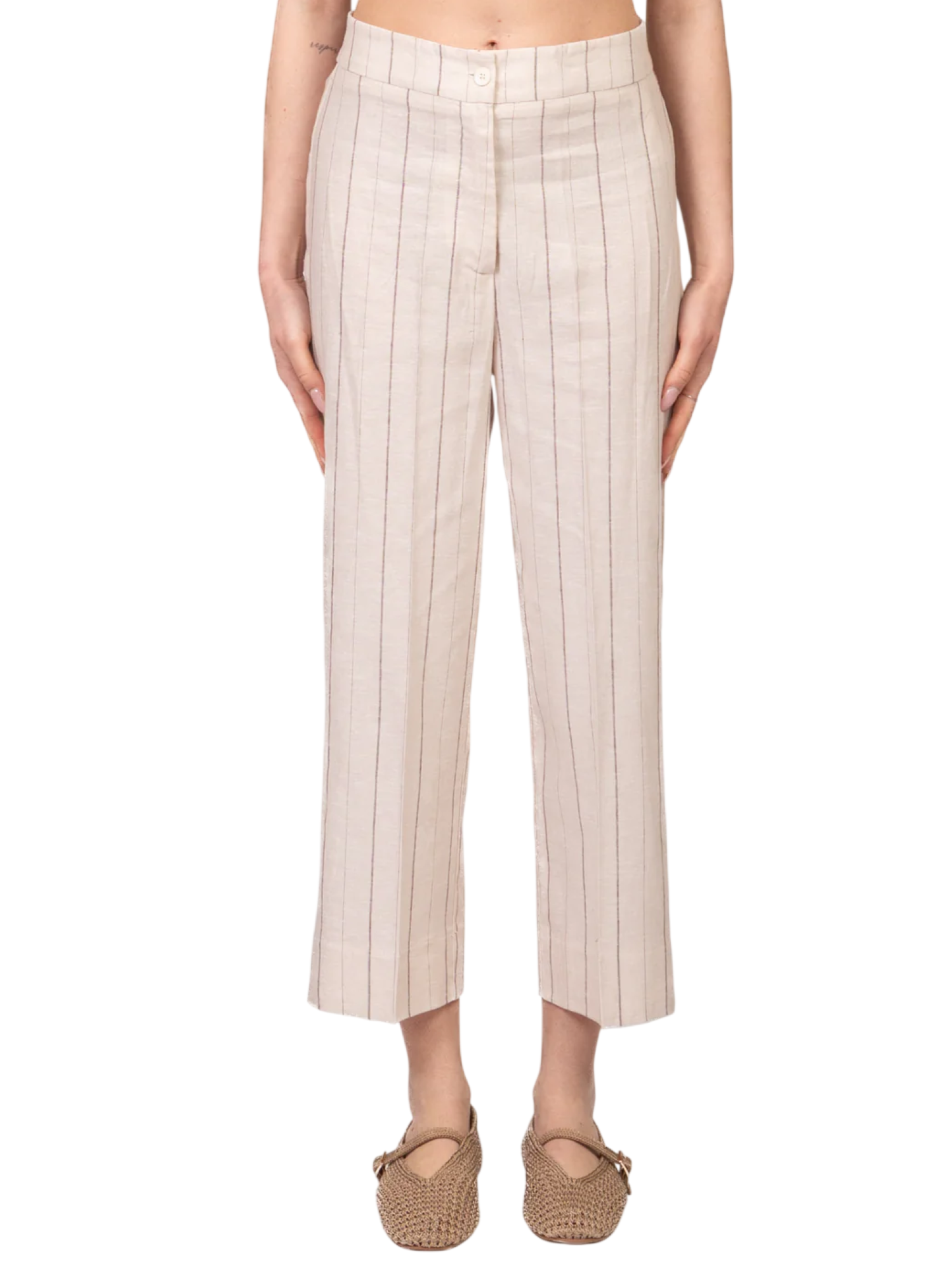Vicolo pantaloni gessati donna misto lino beige TAB2108 BEIGE VICOLO 