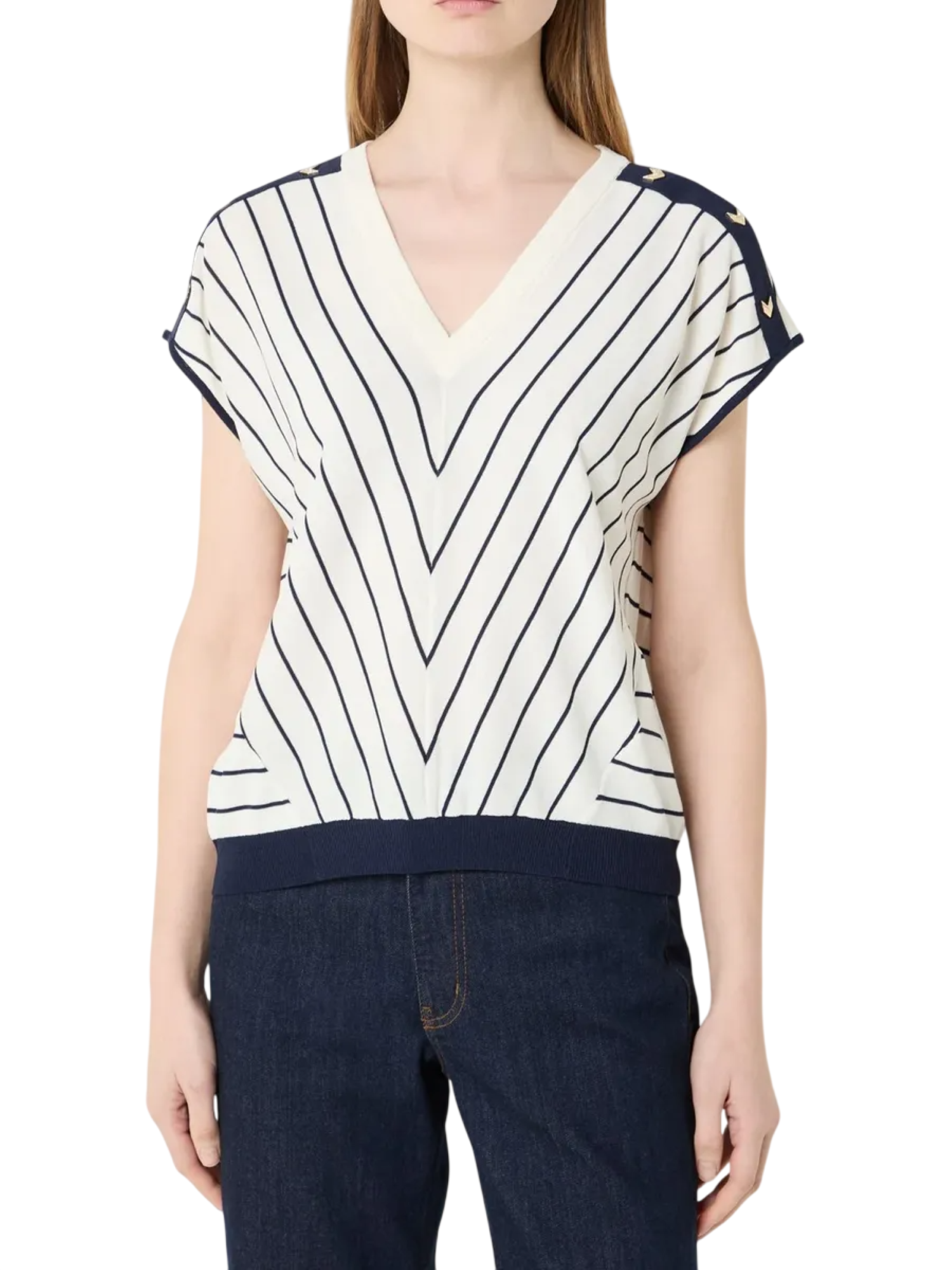 Liu Jo maglia a righe scollo a V panna blu TA6217MS55N C3882 LIU JO 