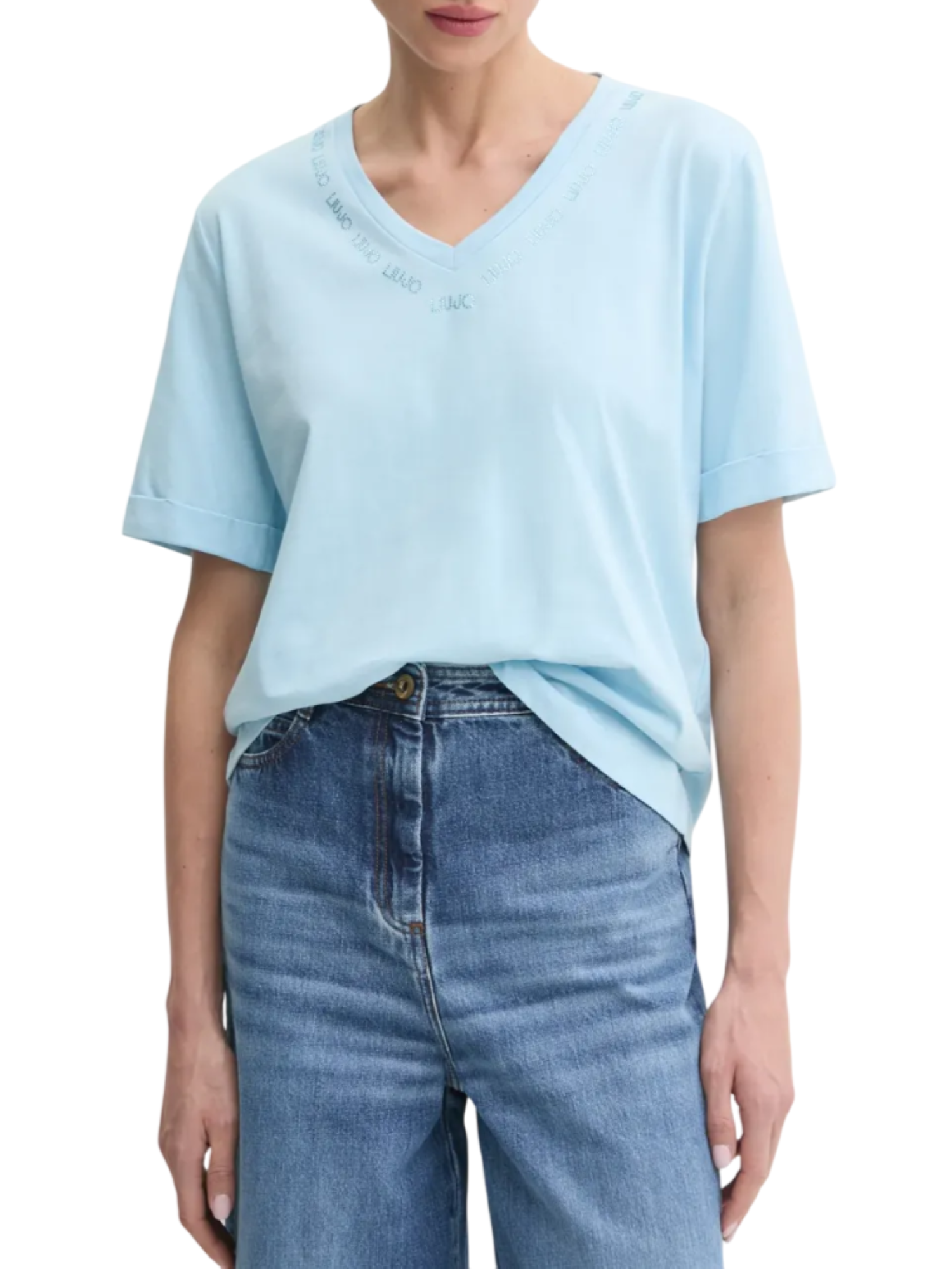 Liu Jo T-shirt manica corta con scollo a V celeste