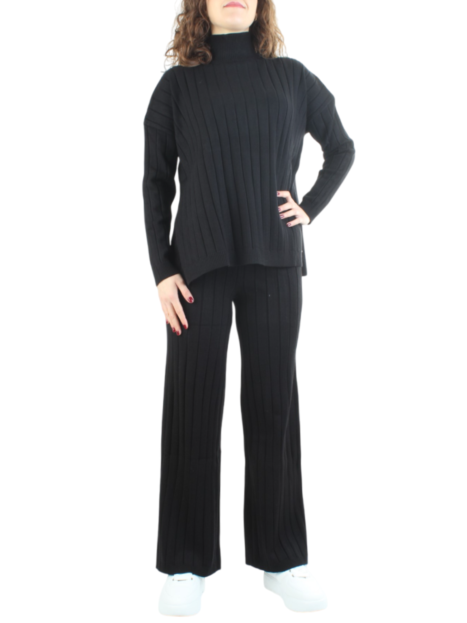 White Wise completo in maglia collo alto a coste nero WW19057-C NERO WHITE WISE 