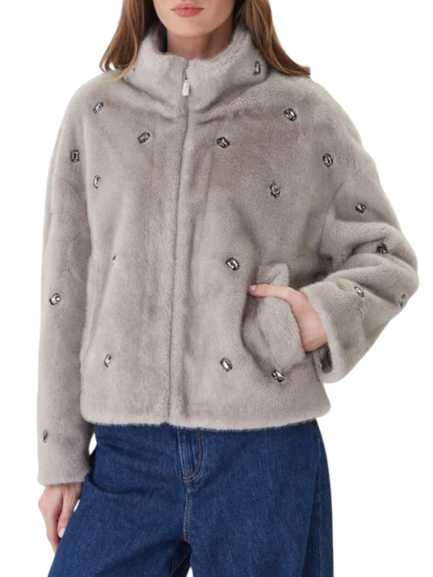 Vicolo pelliccia ecologica con applicazioni gioiello grigio TF0047 GRIGIO VICOLO 