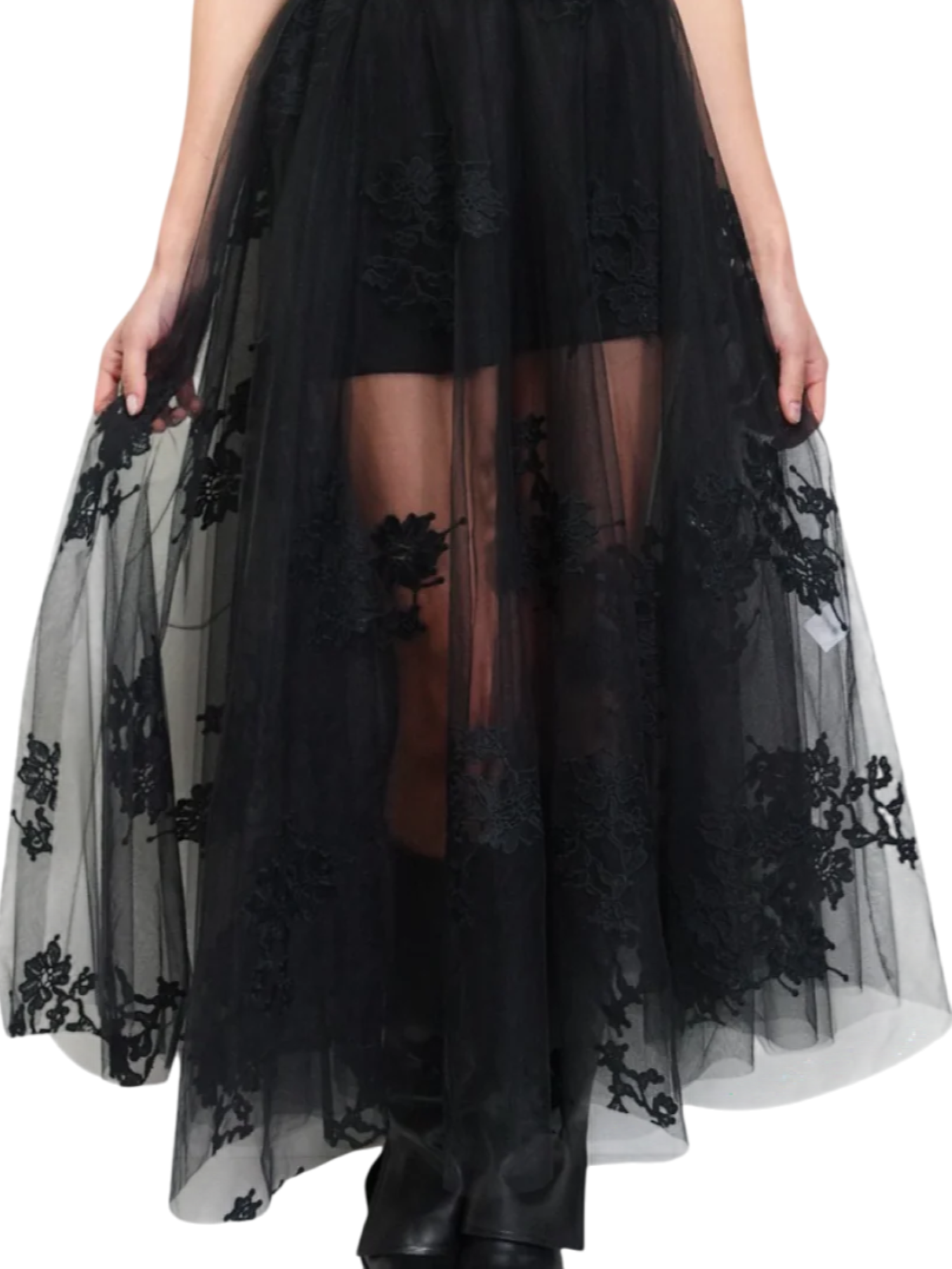 Tensione In gonna lunga in tulle con ricami floreali nero