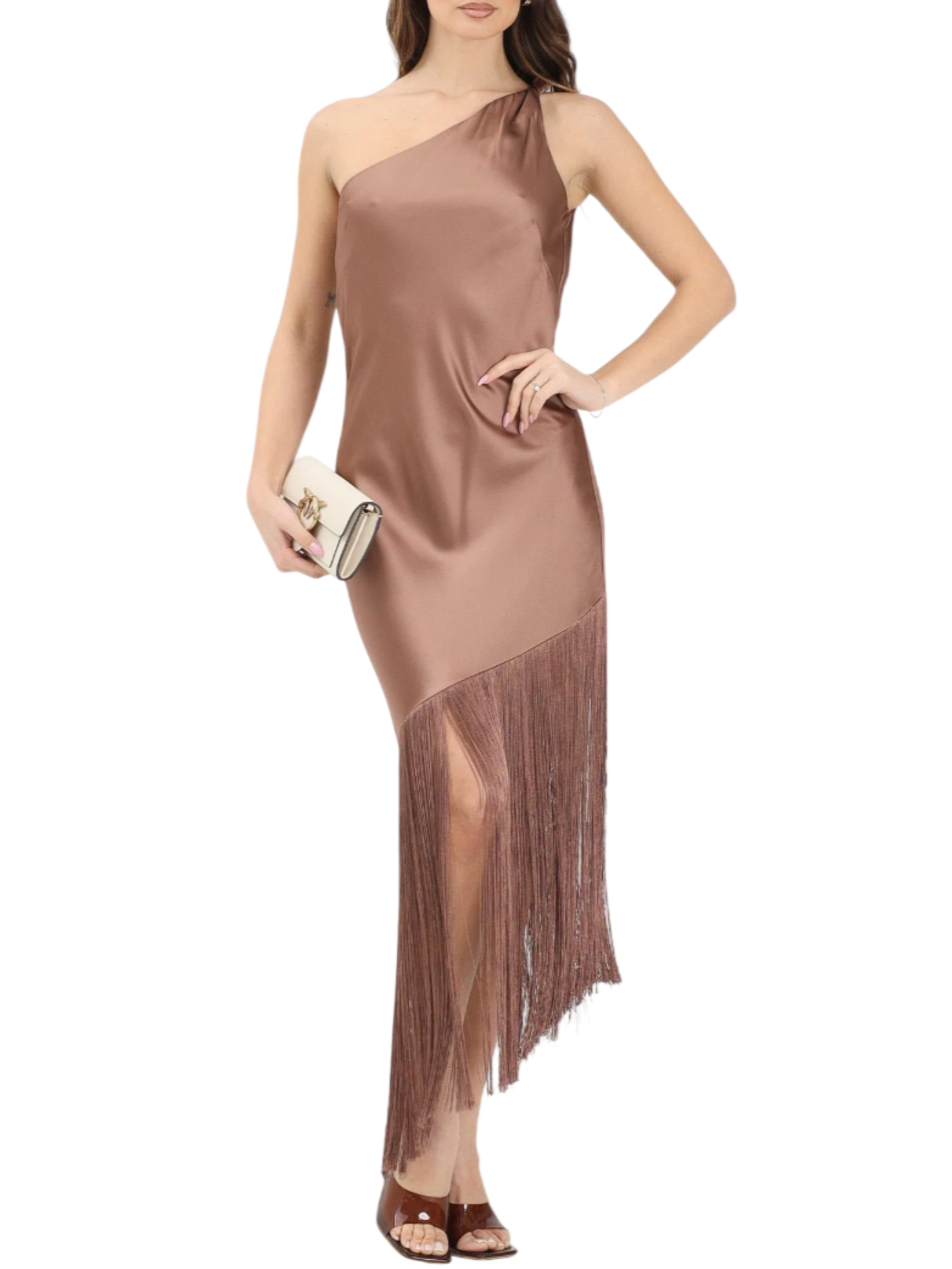 Pinko abito satin monospalla Kiwi con frange marrone 106352-A33D L50 PINKO 