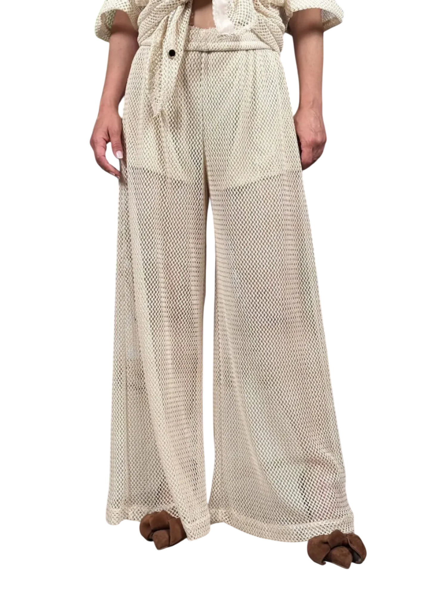 Haveone pantaloni palazzo in tessuto a rete panna PVS-N236 BURRO HAVEONE 