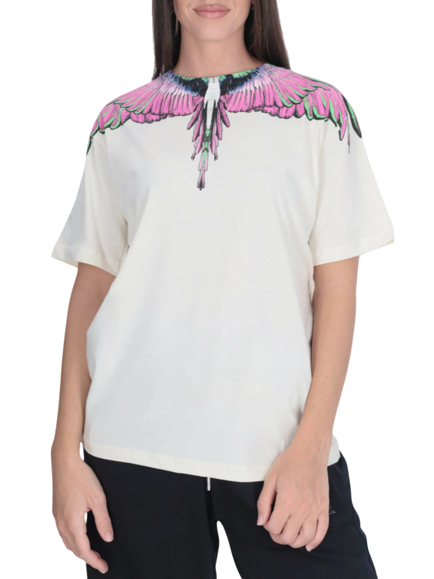 County of Milan T-shirt donna con stampa iconica panna CM30001 LATTE-PINK WINGS COUNTY OF MILAN 