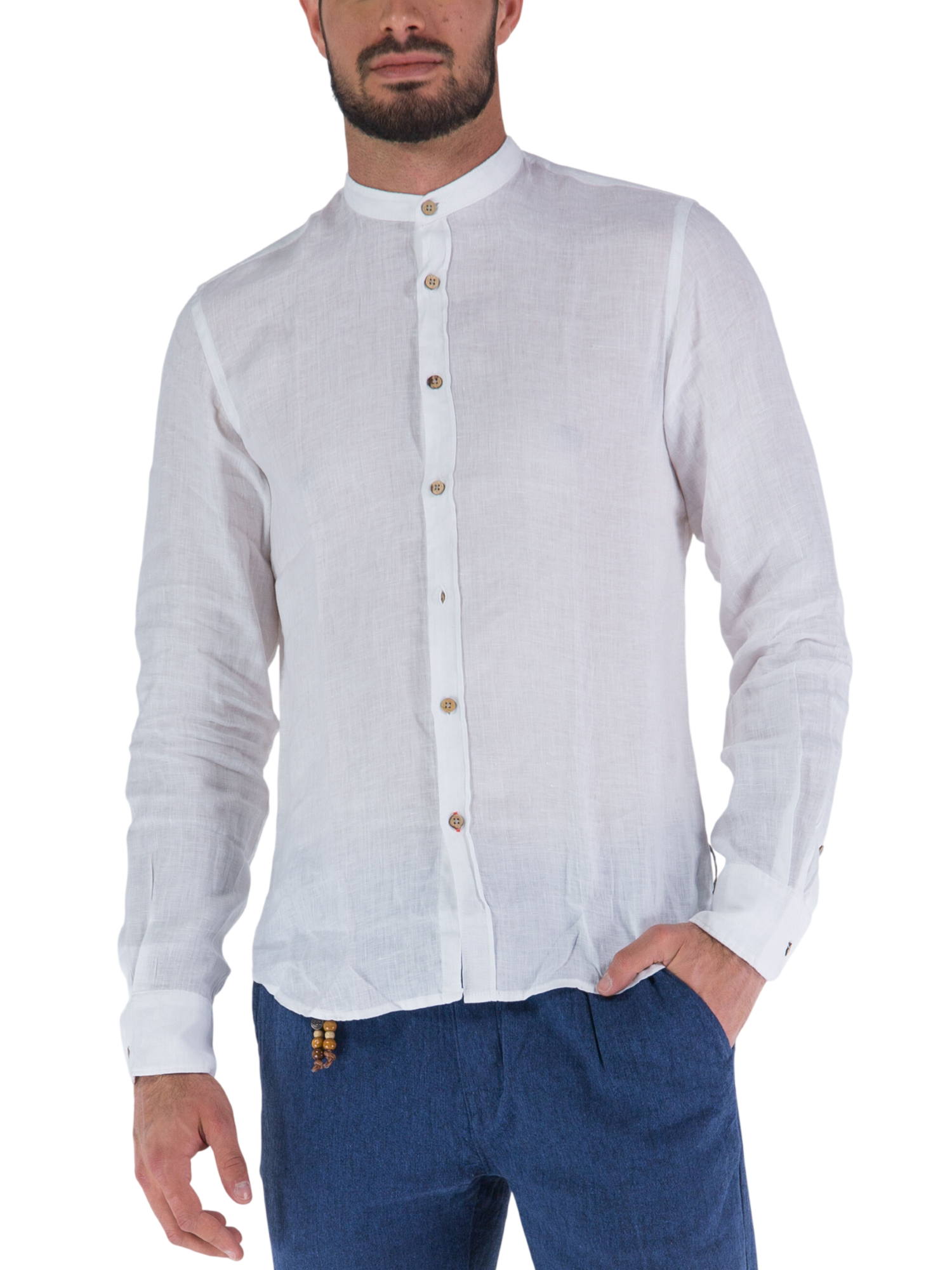 Yes Zee camicia alla coreana in lino manica lunga panna C512-UP00 0107 YES-ZEE 