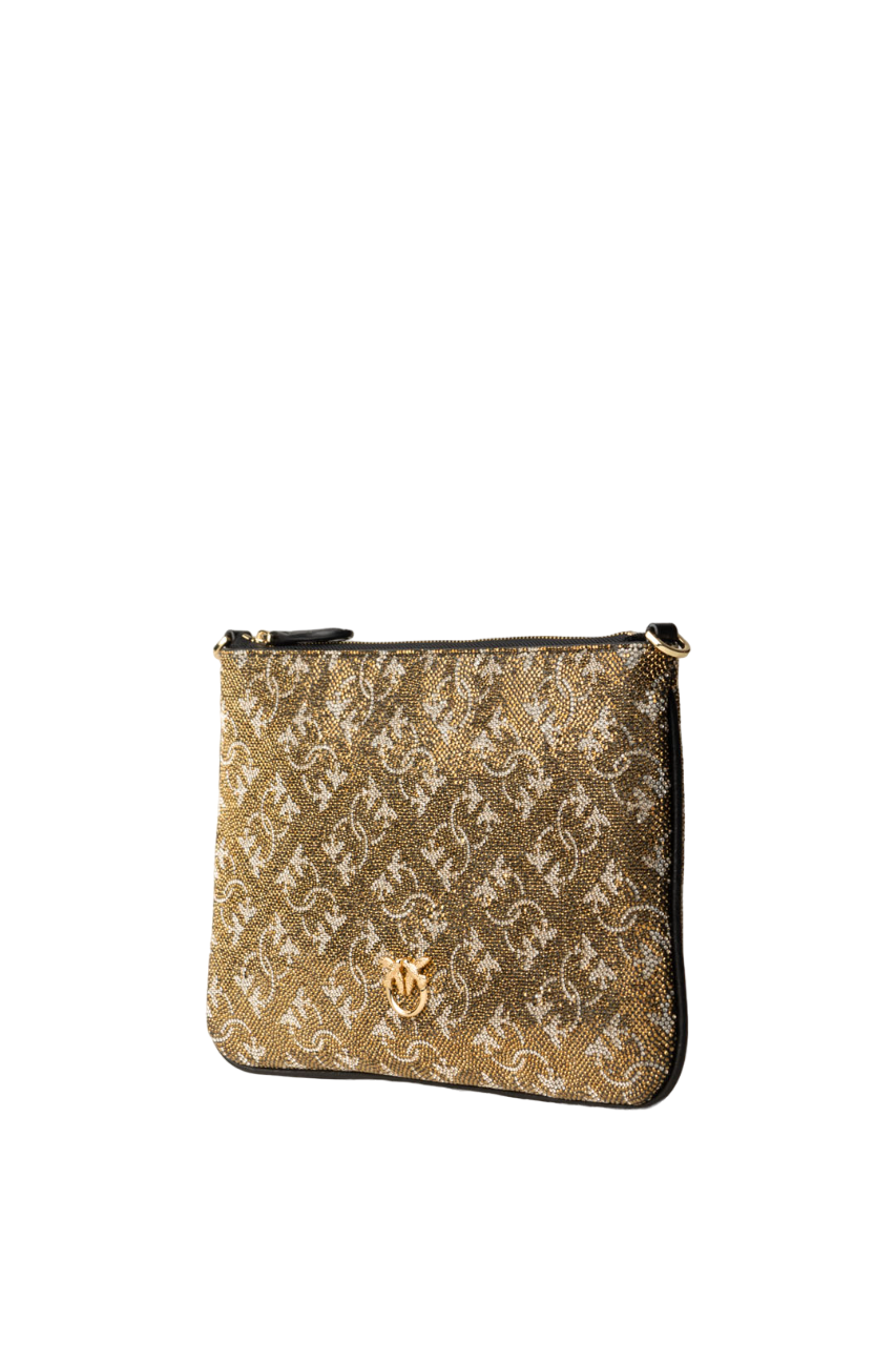 Pinko pochette Flat Classic con logo monogram strass nero oro