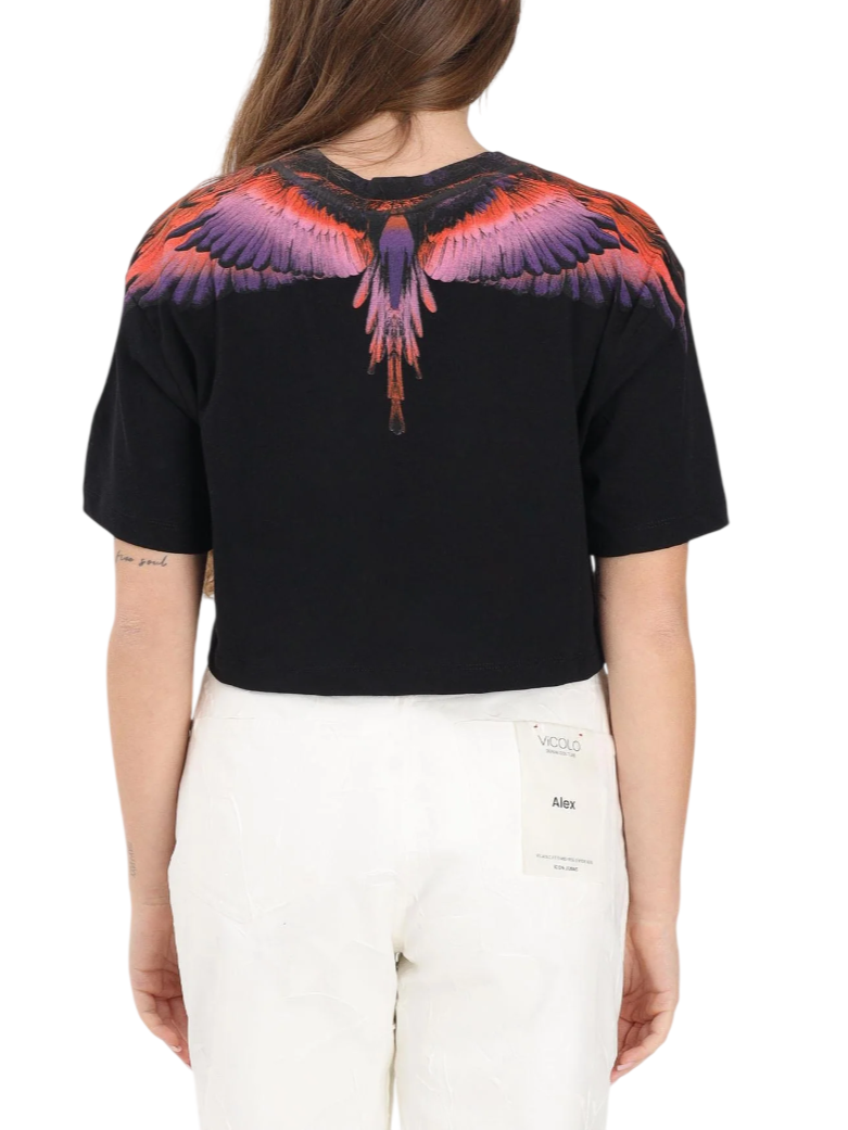 County of Milan T-shirt crop donna stampa iconica nero CM30122 NERO-WINGS VIOLA-ARANCIO COUNTY OF MILAN 