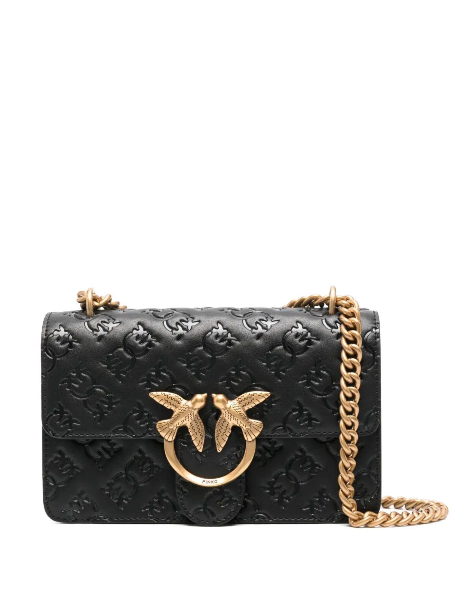 Pinko borsa Love One Mini in pelle con logo imprimè nero oro 100074-A1YB Z99Q PINKO 