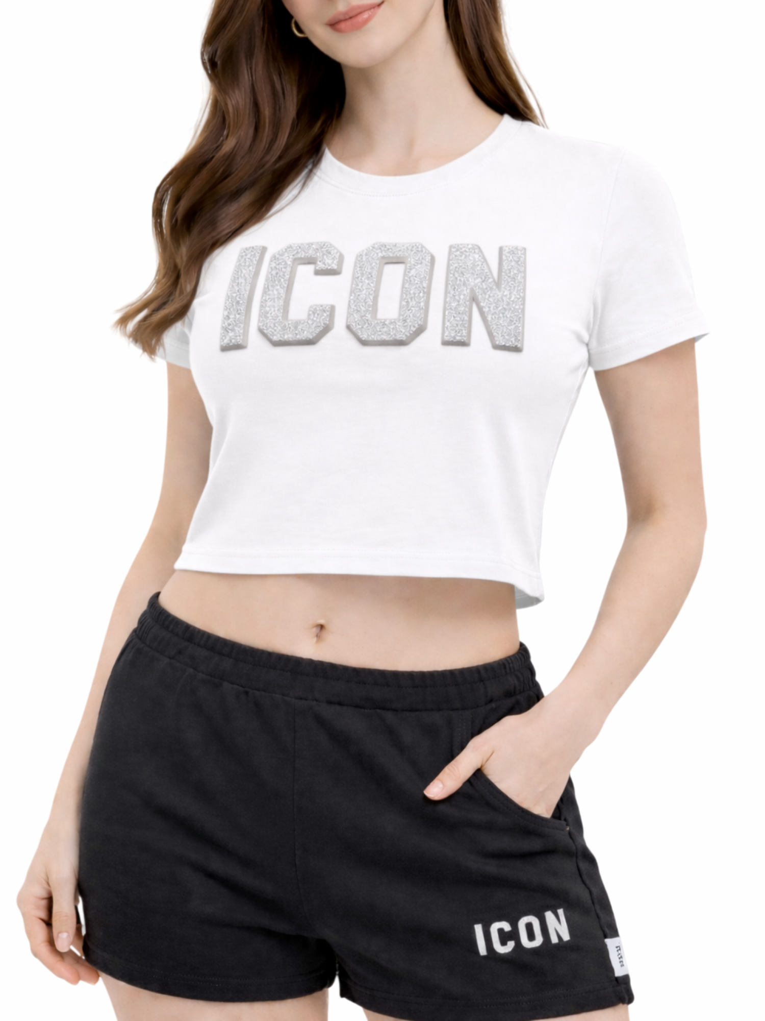 Icon T-shirt crop donna con logo glitter bianco IDT021 BIANCO ICON 