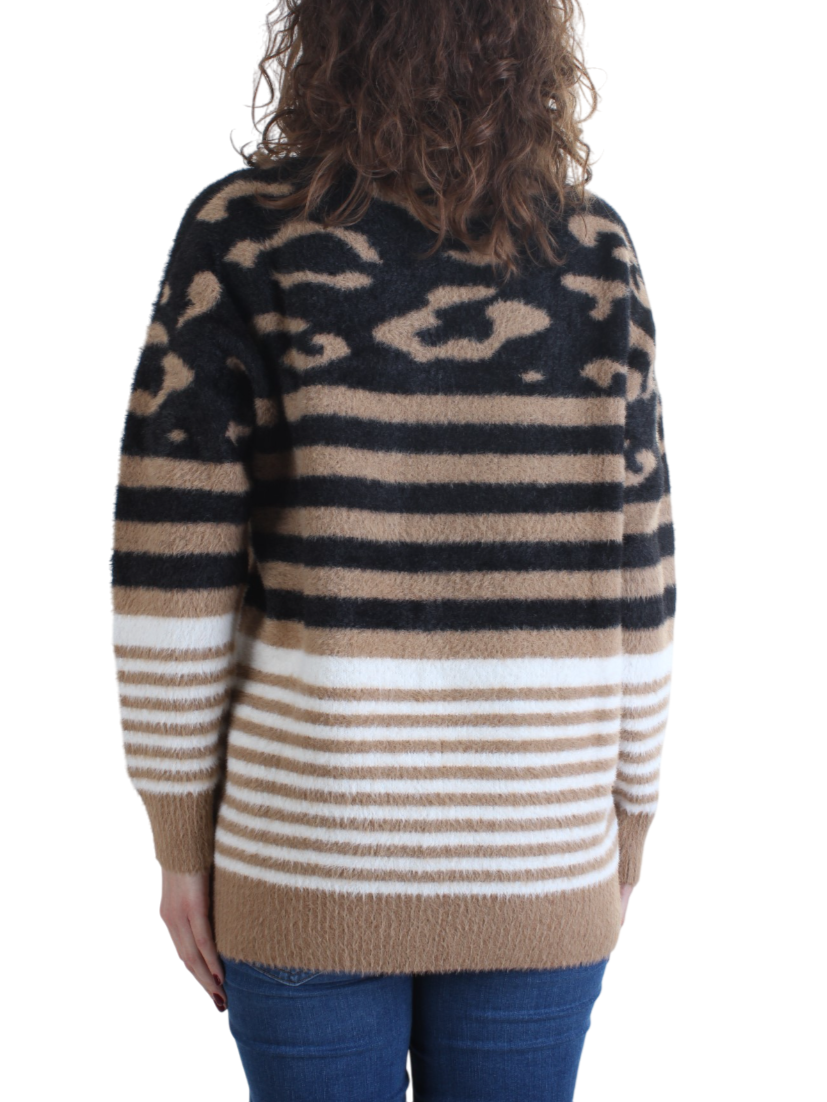 White Wise maglia girocollo fluffy in fantasia cammello nero WW19172 CAMMELLO WHITE WISE 