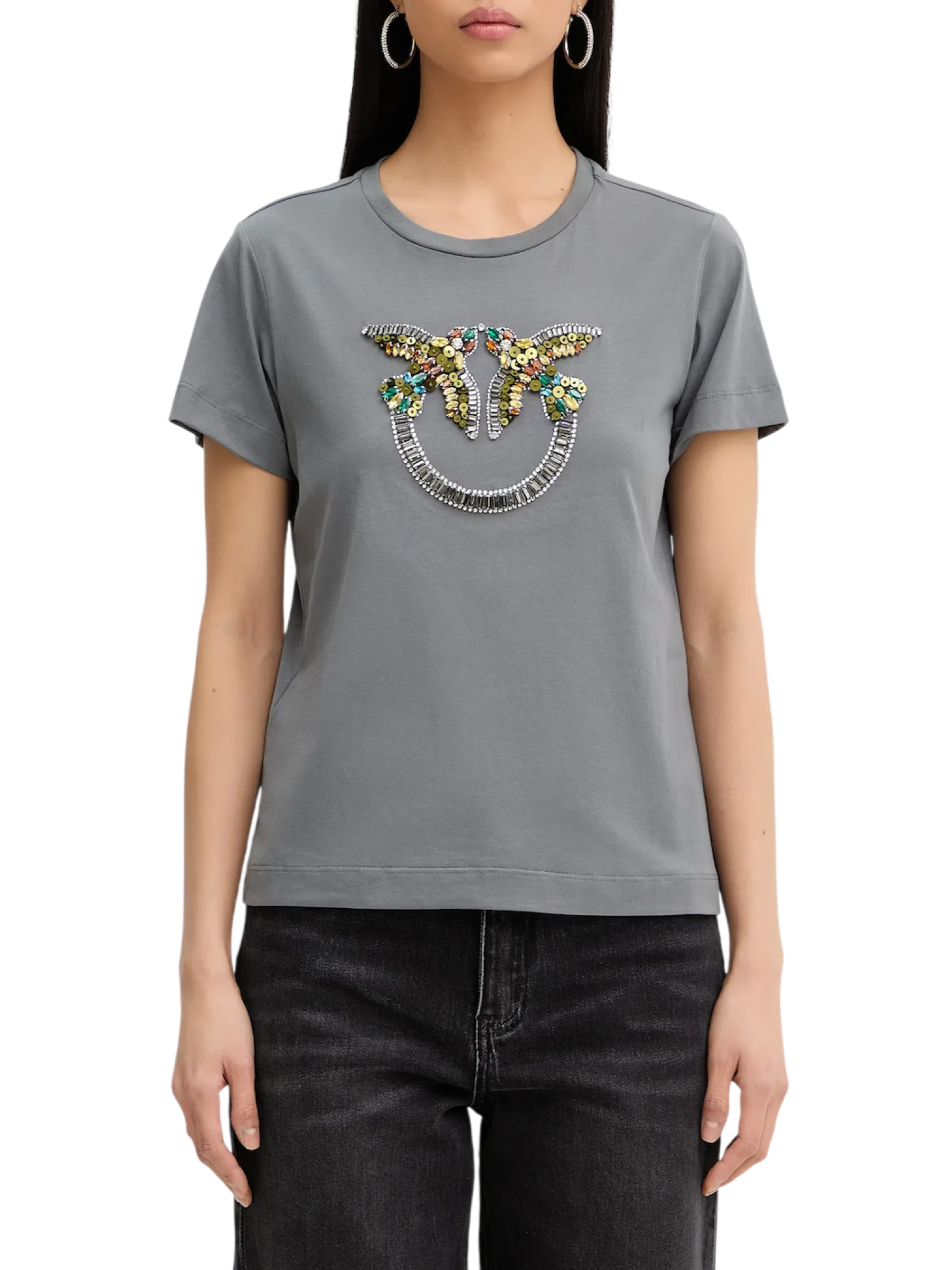 Pinko T-shirt Quentin con logo Love Birds gioiello grigio 100535-A33F K10 PINKO 