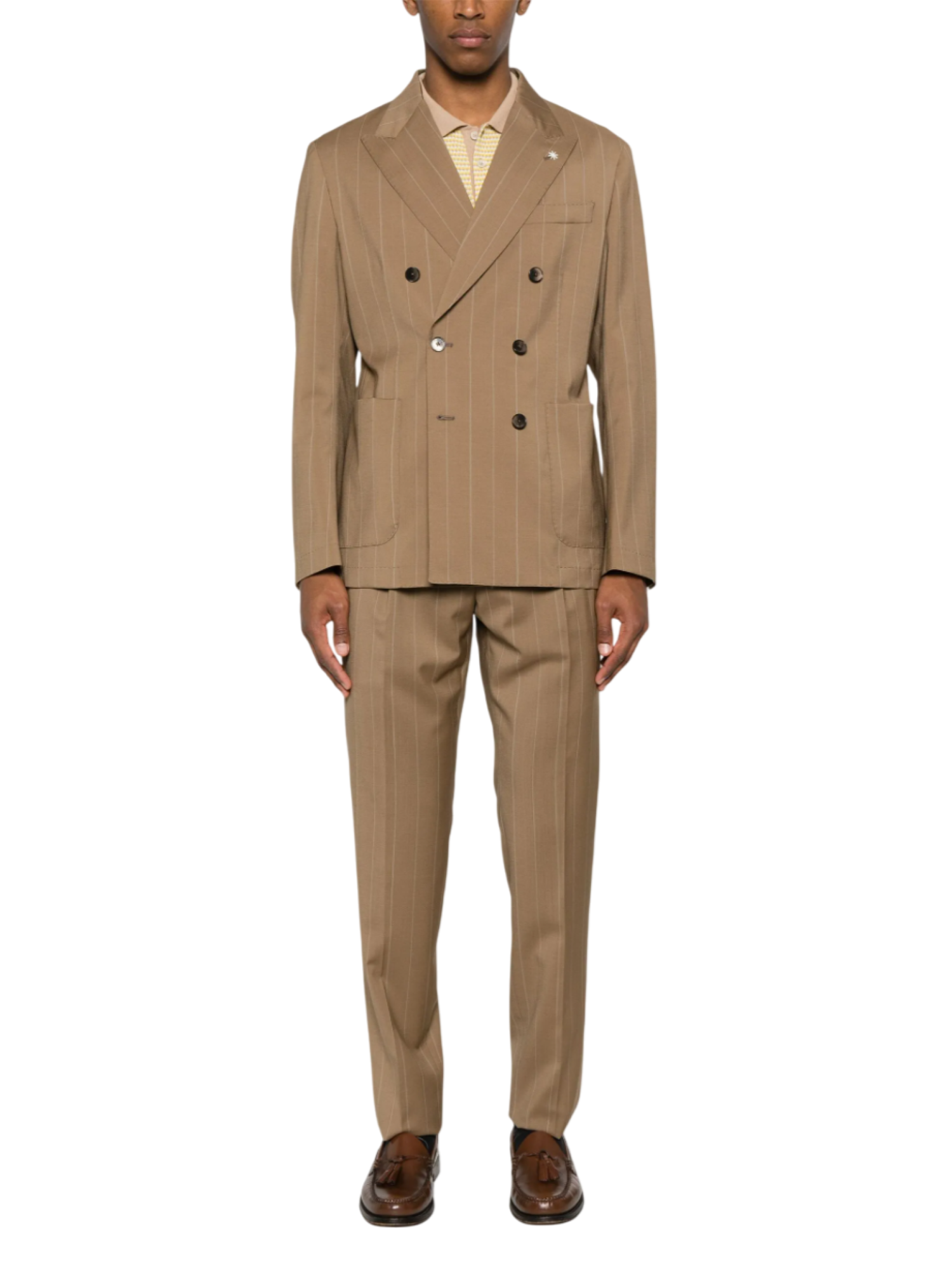 Manuel Ritz abito uomo doppiopetto in fantasia gessata marrone cammello 3832A3738-253142 23 MANUEL RITZ 
